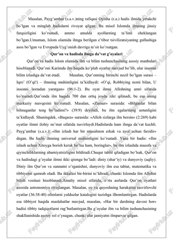 ham, boringlar», bu ilm izlashda masofa va qiyinchiliklarning ahamiyatsizligini bildiradi.chuqur tahlil qiladigan bo’lsak, qur’on va hadisdagi g’oyalar ilmni ikki qismga bo’ladi: diniy (shar’iy) va dunyoviy (aqliy). diniy ilm qur’on va sunnatni o’rganishni, dunyoviy ilm esa tabiat, matematika va tibbiyotni qamrab oladi. bu ikkalasi bir-birini to’ldiradi, chunki islomda ilm allohni bilish vositasi hisoblanadi.amaliy misol sifatida, o’rta asrlarda qur’on oyatlari asosida astronomiya rivojlangan. masalan, oy va quyoshning harakatini tasvirlovchi oyatlar (36:38-40) olimlarni yulduzlar katalogini tuzishga ilhomlantirgan. hadislarda esa tibbiyot haqida maslahatlar mavjud, masalan, «har bir dardning davosi bor» hadisi tibbiy tadqiqotlarni rag’batlantirgan.bu g’oyalar ilm va bilim tushunchasining shakllanishida asosiy rol o’ynagan, chunki ular jamiyatni ilmparvar qilgan. o’rta asr musulmon jamiyatida ilmiy maktablarning shakllanishi o’rta asr musulmon jamiyatida ilmiy maktablarning shakllanishi ilm tushunchasining institutsionalizatsiyasini ko’rsatadi. bu maktablar ix-xii asrlarda paydo bo’lgan va bag’dod, qohira, qurtuba kabi shaharlarda markazlashgan.birinchi ilmiy maktablar masjidlar atrofida shakllangan, keyinchalik mustaqil muassasalarga aylangan. masalan, bag’dodda bayt ul-hikma (ix asr) …
