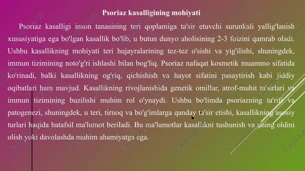 gnostik mezon bo'lib, ko'pikchalar (pitting) – tirnoq yuzasida 50-100 ta chuqurcha, 0,5 mm chuqurlikda. qalinlashish (onihogriphoz) – tirnoqning 2-3 mm qalinlashishi, sinuvchanlik esa maydalanish va ajralish (oniholiz). bu o'zgarishlar patogenezda tirnoq matriksining yallig'lanishi natijasida yuzaga keladi. ko'pikchalar "tuzdon" ko'rinishida bo'lib, erta belgi. qalin tirnoqlar og'riqli, sinuvchanlar esa butunlay tushib qoladi. tirnoq psoriazi 80 foiz hollarda teri bilan birga keladi va artrit xavfini oshiradi. baholashda napsi indeksi qo'llaniladi. 10 psoriaz simptomlarini erta aniqlashning ahamiyati psoriaz simptomlarini erta aniqlash kasallik bilan kurashda strategik ahamiyatga ega, chunki u nafaqat simptomlarni nazorat qilishga, balki uzoq muddatli asoratlarni oldini olishga imkon beradi. eta aniqlash davolashning samaradorligini oshiradi, og'ir shakllarga o'tish xavfini kamaytiradi va bemorning hayot sifatini sezilarli darajada yaxshilaydi. bu jarayon klinik kuzatuv va profilaktik tekshiruvlarga asoslanib, psoriazning xronik tabiatini hisobga olgan holda amalga oshiriladi. quyida erta aniqlashning asosiy afzalliklari batafsil yoritiladi. davolash samaradorligini oshirish psoriaz simptomlarini erta aniqlash davolash samaradorligini oshirishning asosiy kalitidir, chunki …