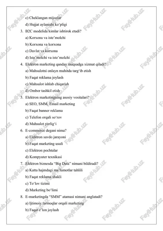 yatini tushuntiring. 17. elektron marketingda ma’lumotlar tahlili (analytics) qanday ishlaydi? 18. raqamli iqtisodiyotda startaplar va innovatsion g‘oyalar qanday rol o‘ynaydi? 19. elektron savdoning xalqaro bozorlarga chiqishdagi imkoniyatlarini sanab bering. 20. kelajakda elektron biznes va marketing qaysi yo‘nalishlarda rivojlanishi mumkin deb o‘ylaysiz?