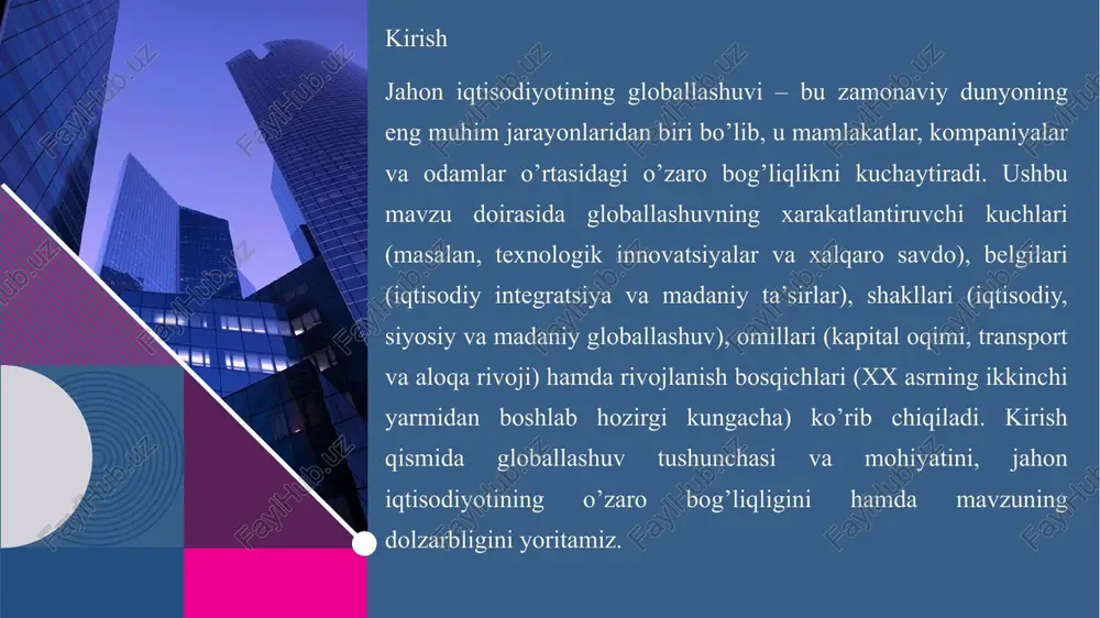 allashuvi iqtisodiy o’sishni rag’batlantiradi, chunki u mamlakatlarga ixtisoslashuvga imkon beradi 12 12 axborot-kommunikatsiya texnologiyalarining yuksalishi axborot texnologiyalari (ict) globallashuvni tezlashtiradi, chunki ular ma’lumot almashinuvini soddalashtiradi.tahlilda, internet va mobil aloqa savdo va moliyani raqamlashtirdi. dalil: 1990-yillarda internet foydalanuvchilari soni milliondan milliardga oshdi. amaliy misol: amazon va alibaba platformalari global savdoni oshirdi, kichik korxonalarni xalqaro bozorga chiqardi. transport-logistika infratuzilmasining takomillashuvi transport rivoji tovarlarni tez va arzon yetkazib berishni ta’minlaydi. xix asrda sanoat inqilobi savdoni kengaytirdi. dalil: buyuk britaniya koloniyalari orqali savdo oshdi. amaliy misol: oltin standarti valyuta barqarorligini ta’minladi. 13 13 xulosa jahon iqtisodiyoti globallashuvi – bu milliy iqtisodiyotlarning bir-biriga bog’lanishi, xalqaro mehnat taqsimoti va savdo-sotiq tizimining rivojlanishi orqali yuzaga keladigan murakkab jarayon. bu jarayon xx asrning ikkinchi yarmidan boshlab kuchayib, bugungi kunda texnologik innovatsiyalar va xalqaro tashkilotlar ta’sirida davom etmoqda. quyida ushbu mavzuni batafsil yoritamiz, asosiy manbalarga tayangan holda. xarakatlantiruvchi kuchlari globallashuvni xarakatlantiruvchi kuchlar – bu jarayonni tezlashtiradigan asosiy omillar bo’lib, …