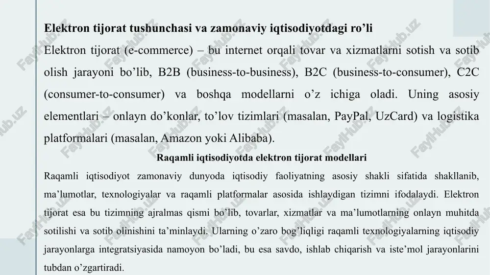 v tizimlari mijozlar va sotuvchilar o’rtasidagi ishonchni ta’minlaydi. o’zbekistonda to’lov tizimlarining rivojlanishi fintech sektorining o’sishi bilan bog’liq bo’lib, payme, click, visa va uzum pay kabi platformalar asosiy o’yinchilar hisoblanadi. payme mobil to’lovlar uchun qulay interfeys taklif etadi, bu esa kuniga millionlab tranzaktsiyalarni amalga oshirishga imkon beradi. click esa keng qamrovli xizmatlari bilan ajralib turadi, jumladan, kommunal to’lovlar va onlayn xaridlar. visa kabi xalqaro tizimlar esa global integratsiyani ta’minlaydi, bu esa xorijiy bozorlarga chiqishni osonlashtiradi. 13 13 14 onlayn marketing va crm tizimlari onlayn marketing elektron tijoratda mijozlarni jalb qilish uchun asosiy vosita bo’lib, crm (customer relationship management) tizimlari esa ularni boshqarishga yordam beradi. o’zbekistonda onlayn marketing seo, smm va email marketing orqali amalga oshiriladi, bu esa platformalarning ko’rinishini oshiradi. crm tizimlari, masalan, hubspot yoki lokal analoglar, mijoz ma’lumotlarini tahlil qiladi va shaxsiy takliflarni yaratadi.tahlilda, onlayn marketingning samaradorligi konversiya darajasiga bog’liq. masalan, uzum marketda smm orqali jalb qilingan mijozlar savdo hajmini …