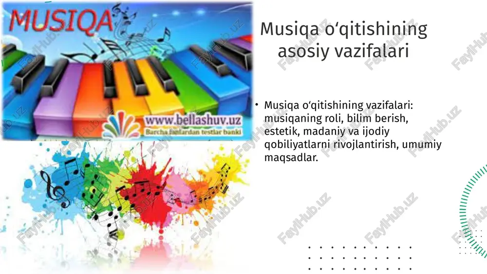 gi yondashuvlar qo'llaniladi. bu metodlar o'quvchilarning faolligini orttiradi va musiqa darslarini yanada jozibador qiladi. 1 2 xulosa musiqa oʻqitishining asosiy vazifalari oʻquvchilarga madaniyat va estetik tarbiyani oshirishga qaratilgan. bu jarayon yoshlar ongida madaniy merosni saqlash va rivojlantirishni taʼminlaydi. maqsadlar: musiqiy qobiliyatlarni rivojlantirish, ijodkorlikni oshirish va jamiyatda birlashuvni taʼminlashdir, bu esa yoshlarni keng dunyoqarashga oʻrgatadi. metodik yondashuvlar: interaktiv metodlar, texnologiyalar va amaliy mashgʻulotlar bilan oʻquv jarayonini boyitib, yoshlar uchun qiziqarli va samarali qilishga intiladi. foydalanilgan adabiyotlar 1. o'zbekiston respublikasi maktabgacha va umumiy ta'lim vazirligi. 'musiqa ta'limi metodikasi'. toshkent, 2018. 2. islomov, a. 'musiqa pedagogikasining nazariy asoslari'. toshkent davlat pedagogika instituti nashriyoti, 2020. 3. qodirov, sh. 'musiqa ta'limida amaliy va nazariy yondashuvlar'. o'zbekiston musiqa jurnali, 2021. 4. karimov, a. 'musiqa mazmuni va uning pedagogik ahamiyati'. toshkent: san'at va madaniyat nashriyoti, 2019. 5. yusupov, b. 'musiqa oʻqitish metodlari va zamonaviy texnologiyalar'. o'zbekiston ta'lim jurnali, 2022. image26.png image32.png image36.jpeg image5.png image6.png image7.png image8.png image9.png …