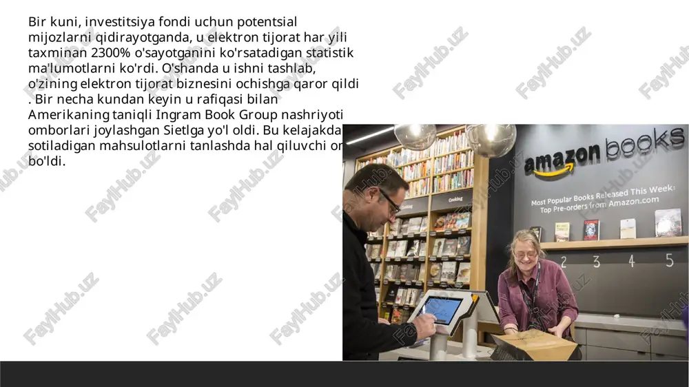 hqa ish printsiplari quyidagilarga asoslanadi: - amazon va uning har bir ilovasi eng sodda va qulay interfeysni taklif qilishga intiladi ; bezos birinchi bo'lib veb-saytda ko'rib chiqish tizimini joriy qilishni taklif qildi. uning sheriklari va xodimlari shubha bilan qarashdi, ammo sharhlarning kiritilishi do'konning ish faoliyatini yaxshiladi . xodimlar bezosni qattiq rahbar deb bilishadi . shaxsiy hayotni qurbon qilish bo'lsa ham, ish ustuvor bo'lishi kerak. kompaniyaning boshqaruv jamoasi amazonda yillar davomida “o‘stirilgan” xodimlardan iborat. image1.jpeg image2.jpeg image3.jpeg image4.jpeg image5.jpeg image6.jpeg image7.jpeg ata listed ag) * j es : “maz a amazon.com amazon.com 41985-1997 «=f igs7-1998 1998 amaz()nn.com amazon.com amazon 7 1398 j 1988-2000 df 20... /docprops/thumbnail.jpeg amazon kempanos aay ‘leas! amazon