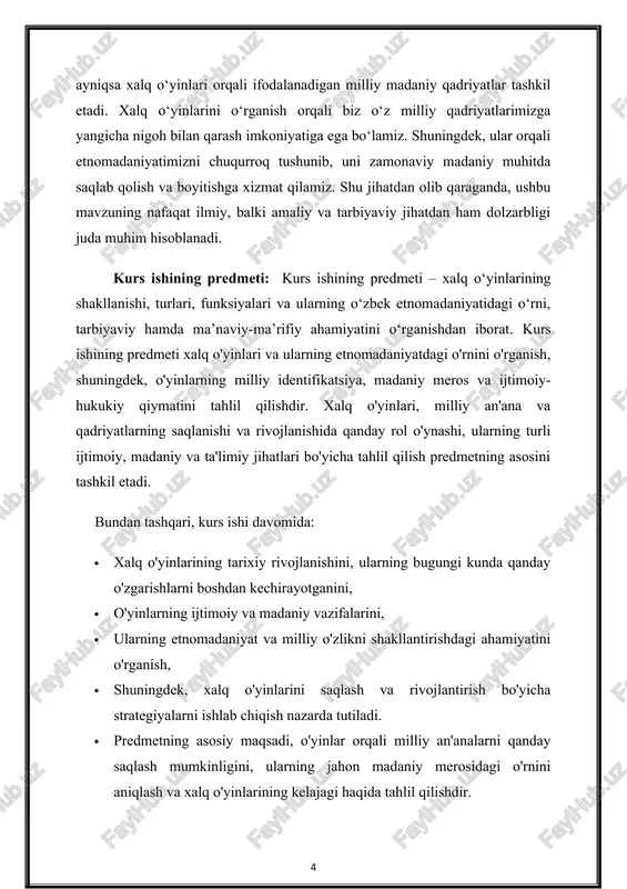 urs ishining tuzilishi: kirish, 2 bob, xulosa, foydalanilgan adabiyotlar ro‘yhatidan iborat bo‘lib, jami sahifani tashkil etadi. kurs ishi mavzusining ilmiy yangiligi: "xalq o'yinlari etnomadaniyatning tarkibiy qismi" mavzusining ilmiy yangiligi shundaki, u xalq o'yinlarining madaniy, tarixi va ijtimoiy ahamiyatini chuqur tahlil qilishga qaratilgan bo'lib, bugungi kunda bu sohada yetarli darajada ilmiy tadqiqotlar mavjud emas. xalq o'yinlari ko'pincha faqat o'yin sifatida ko'rib chiqiladi, lekin ularning madaniyatdagi, milliy identifikatsiya va qadriyatlarni saqlashdagi roli kam o'rganilgan. ilmiy yangilik quyidagilarda ifodalanadi: xalq o'yinlarining etnomadaniyatdagi roli: ushbu ish xalq o'yinlarini nafaqat o'yin sifatida, balki madaniyatning ajralmas qismi, milliy o'zlikni saqlash va rivojlantirish vositasi sifatida ko'rib chiqadi. bu mavzudagi ilmiy ishlar hali nisbatan cheklangan bo'lib, o'yinlarning etnomadaniyatdagi ahamiyati, ularning madaniy meros sifatida saqlanishi bo'yicha yangi yondashuvlarni ishlab chiqishga intiladi. o'yinlar va milliy identifikatsiya: xalq o'yinlarining milliy identifikatsiyani shakllantirishdagi o'rni va ular orqali avlodlar o'rtasida an'analar va qadriyatlarni uzatish masalasi, hozirgi vaqtda ko'p tadqiqotlarda yetarlicha yoritilmagan. kurs ishida …