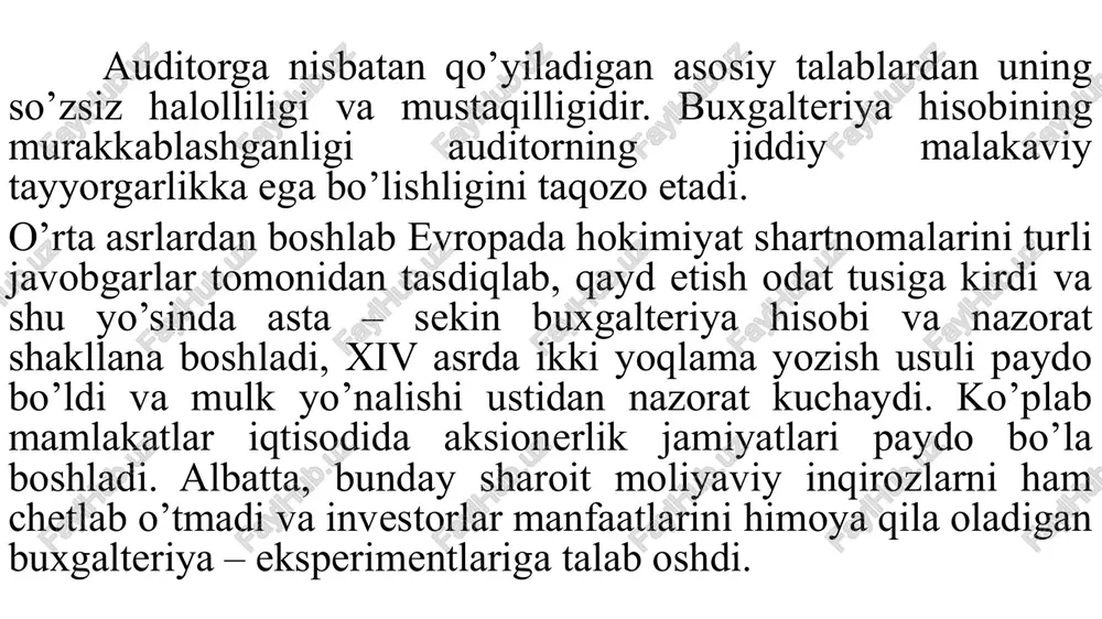 r)ga korxona nizomiga muvofiq qay darajada ma'muriyat (rahbariyat) tomonidan rioya etilayotganligini tekshirish maqsadida ham amalga oshirilishi mumkin. muvofiqlilik (moslik) auditi – yuqori boshqaruv (ma'muriyat) tomonidan belgilangan ko’rsatma va qoidalarni xo’jalik tizimida bajarilishi darajasi ustidan o’tkaziladigan nazorat moslik auditning maqsadini tashkil qiladi. masalan, boshqaruvchilar tomonidan o’rnatilgan, bajarilishi shart bo’lgan muolajalarga buxgalteriya xodimlari tomonidan amal qilinishi, moddiy boyliklarning saqlanishining ta'minlanishi va ularning sarflanishni belgilangan chegaralardan chiqmasliligiga rioya qilish darajasi yoki kreditorlar va banklar bilan tuzilgan bitimlarga korxona tomonidan amal qilinishini nazorat qilish va boshqalar. byudjet tomonidan moliyalashtiriladigan tashkilotlar nazorat qilinganda ham asosan moslik auditi o’tkaziladi, chunki bunday tashkilotlarda bajarilishi lozim bo’lgan qoidalar aniq ko’rsatiladi. moliyaviy hisobot auditi hisob va hisobotda qayd etilgan ma'lumot belgilangan mezonlarga muvofiqligini tekshirish uchun amalga oshiriladi. odatda, buxgalteriya hisobining umumqabul qilingan tamoyillari va qoidalari majmui mezonlar bo’lib hisoblanadi. moliyaviy hisobot auditi – bu auditning asosiy turi bo’lib, moliyaviy hisobot belgilangan mezonlar asosida tayyorlanganligini aniqlaydi. belgilangan mezonlar bu asosan …