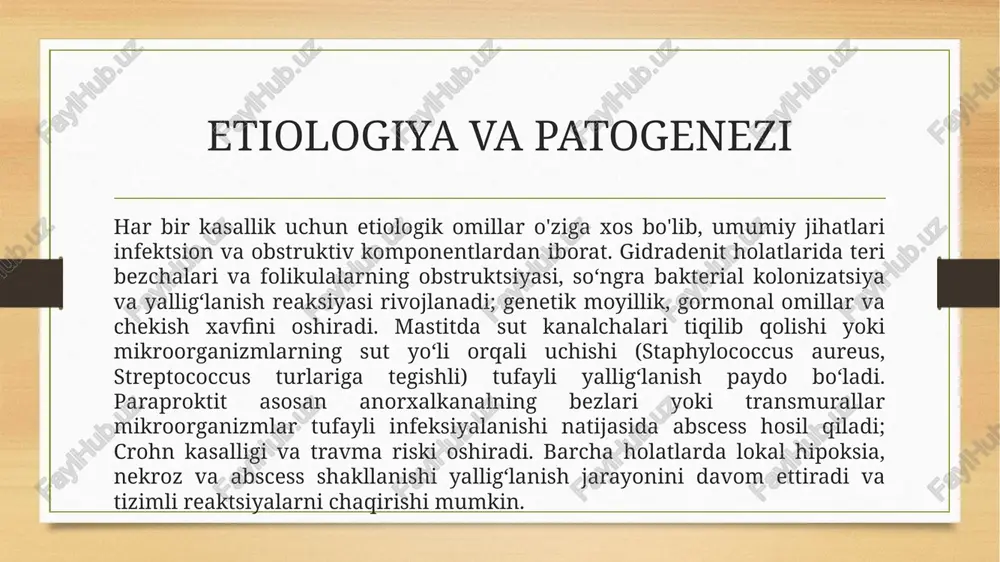 volash prinsiplari — konservativ yondashuv davolash umumiy printsiplarga asoslanadi: yiring toʻplangan joyni drenaj qilish, infektsiyani nazorat qilish, ogʻriqni bartaraf etish va funksiyani tiklash. konservativ terapiyada gepatoprotektorlar, yalligʻlanishga qarshi va analgetik preparatlar, keng spektrli antibiotiklar (madaniyat natijalariga koʻra o'zgartiriladi), lokal antiseptiklar va sitibioxim yordamchi vositalar qoʻllanadi. mastitda laktatsiyani davom ettirish tavsiya etiladi — sut oqishi va toʻyinganlikni kamaytirish uchun toʻgʻri kozlarni boʻshatish muhim. kichik yiringli kolleksiyalarni ultratovush yordamida aspiratsiya qilish mumkin, bu jarrohlik aralashuvni kechiktirishga yordam beradi. davolash prinsiplari — jarrohlik va maxsus muolajalar agar abscess mavjud bo'lsa yoki konservativ terapiya samara bermasa, jarrohlik aralashuv zarur. paraproktitda ochiq kesish va drenaj, qatʼiy antiseptik parvarish, baʼzan seton qoʻyish yoki fistulotomiya talab etiladi. gidradenitda surunkali, keng tarqalgan jarayonlarda radikal eksizyon va birlamchi yoki ikkilamchi tiklash mumkin; travmatik yoki kosmetik muammo paydo boʻlsa plastika va graftlash usullari qoʻllanadi. mastitda abscess bo'lsa, yumshoq to'qimalarni kesib, drenaj qilish va antiseptik yuvish bajariladi. kompleks hollarda vakuum-assistlangan teri …