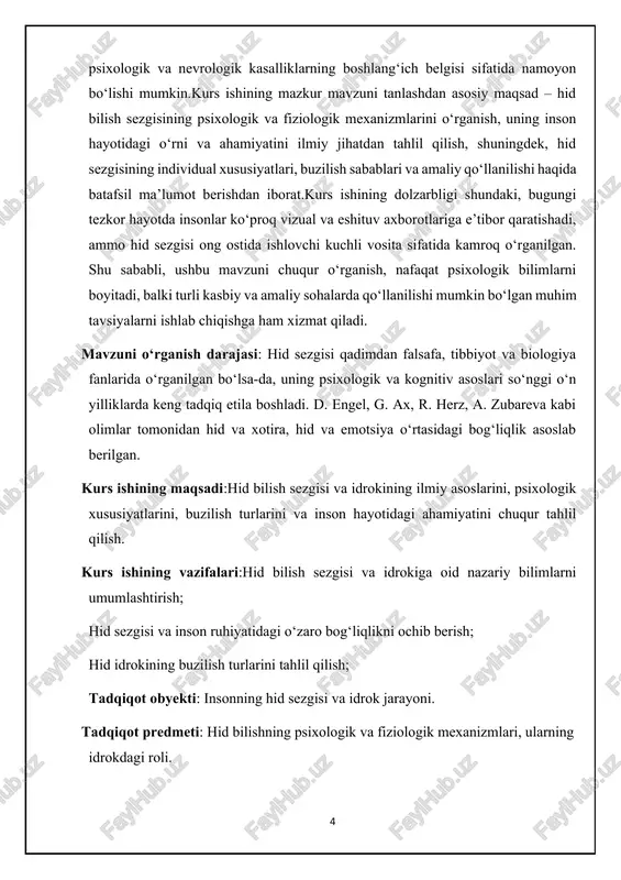dan birini egallaydi. hid bilish sezgisi — bu odamning nafas olishi jarayonida havo bilan birga burun orqali kiruvchi hidli molekulalarni sezish va ular haqida axborot olish qobiliyatidir. ushbu sezgi turining ilmiy nomi olfaktoriya bo‘lib, u markaziy asab tizimi orqali boshqariladi.evolyutsion nuqtai nazardan qaralganda, hid sezgisi hayot uchun muhim ahamiyat kasb etgan. insoniyat tarixining dastlabki bosqichlarida hidlar yordamida yeguliklar, suv manbalari, xavfli hayvonlar va zaharli moddalarning mavjudligi aniqlangan. hayvonlarda hid bilish oraliq masofalarda muloqot, hudud belgilash, g‘amxo‘rlik va ko‘payishda ishtirok etgan.insonda ham hid sezgisi hali ham muhim rol o‘ynaydi. u emotsional holatlarni uyg‘otishi, xotiralarni jonlantirishi va ayrim hatti-harakatlarga turtki berishi mumkin. tadqiqotlar shuni ko‘rsatadiki, odamlarning 75–80% hollarda muayyan hidlar orqali o‘z xotiralarini eslashlari kuzatiladi. shu sababli hid sezgisi inson ruhiyatining nozik qatlamlariga ta’sir ko‘rsatadi. hidlar ko‘pincha bevosita ong osti bilan bog‘liq tarzda qabul qilinadi. masalan, biror hid insonda avvalgi xotiralarni uyg‘otadi yoki yoqimsiz hid — qo‘rquv, xavotir kabi hissiyotlarni chaqiradi. bu …