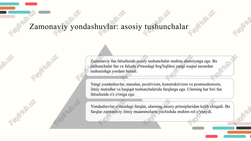 ar shaklida rivojlanadi. bu texnologiyalar ilm-fanni va inson hayotini tubdan o'zgartiradi, yangi yondashuvlar va imkoniyatlar yaratadi. photo by mohammad rahmani on unsplash falsafa va ilm-fan o‘rtasidagi munosabatlar falsafa va ilm-fan tarixiy jihatdan uzviy bog‘liq bo‘lib, falsafa ilm-fanning nazariy va metodologik tamoyillarini shakllantiradi. tarix davomida falsafa ilm-fanga ilhom berib, uni rivojlantirishda muhim rol o‘ynagan. falsafa va ilm-fan o‘rtasidagi munosabatlarni tahlil qilishda, falsafa ilmiy izlanishlar uchun nazariy asoslar va etik qoidalarga asoslanadi. bu munosabatlar hozirgi zamonda etik va metodologik muammolarni hal qilishda muhimdir. xulosa fan falsafasida innovatsiyalar ilm-fan va falsafa o'rtasidagi aloqalarni yangilash va rivojlanishga xizmat qiladi. zamonaviy yondashuvlar va texnologik innovatsiyalar ilm-fanning rivojlanishini tezlashtiradi va yangi imkoniyatlar ochadi. innovatsiyalar yordamida ilm-fan va ta'lim jarayonlari o'zgarib, yanada samarali bo'lmoqda. kelajakda sun'iy intellekt va katta ma'lumotlar muhim rol o'ynaydi. foydalanilgan adabiyotlar al-fergani axmad. astronomicheskie traktati. — t.: «fan». 1998. s. 380. al-farabi. logicheskie traktati. almati. «nauka». 1975. s. 280. abramov m.a. sekret filosofa …