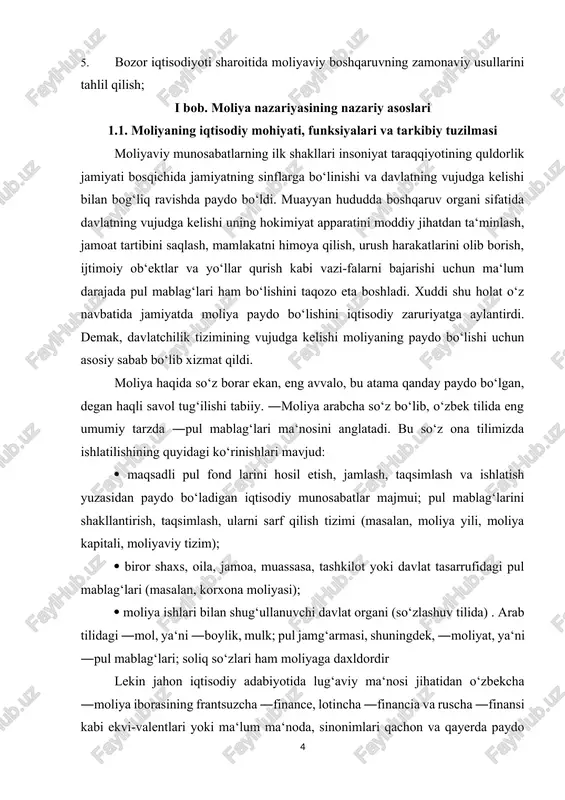 pul mablag‘larini shakllantirish, taqsimlash, ularni sarf qilish tizimi (masalan, moliya yili, moliya kapitali, moliyaviy tizim); biror shaxs, oila, jamoa, muassasa, tashkilot yoki davlat tasarrufidagi pul mablag‘lari (masalan, korxona moliyasi); moliya ishlari bilan shug‘ullanuvchi davlat organi (so‘zlashuv tilida) . arab tilidagi ―mol, ya‘ni ―boylik, mulk; pul jamg‘armasi, shuningdek, ―moliyat, ya‘ni ―pul mablag‘lari; soliq so‘zlari ham moliyaga daxldordir lekin jahon iqtisodiy adabiyotida lug‘aviy ma‘nosi jihatidan o‘zbekcha ―moliya iborasining frantsuzcha ―finance, lotincha ―financia va ruscha ―finansi kabi ekvi-valentlari yoki ma‘lum ma‘noda, sinonimlari qachon va qayerda paydo bo‘lganligi haqida aniq ma‘lumot yo‘q . ayrim olimlar ―financia (―finance, ―finansi va h.k. shakllarda) tushunchasi aynan shu shaklda xiii-xiv asrlarda italiyaning savdo shaharlarida paydo bo‘lgan va dastlab ―pul to‘lovi ma‘nosini anglatgan, degan fikrlarni olg‘a surishadi. xalqaro savdo-sotiq ishlarining rivojlanishi mazkur iboraning italiyadan boshqa davlatlarga ham tarqalishiga sabab bo‘lgan. xy asrda ―financia tushunchasi fransiyada ―davlat daromadlari, ―pul summalari ma‘-nosida ishlatila boshlangan. boshqa tadqiqotchilar bu atama muomalada ilk bor …