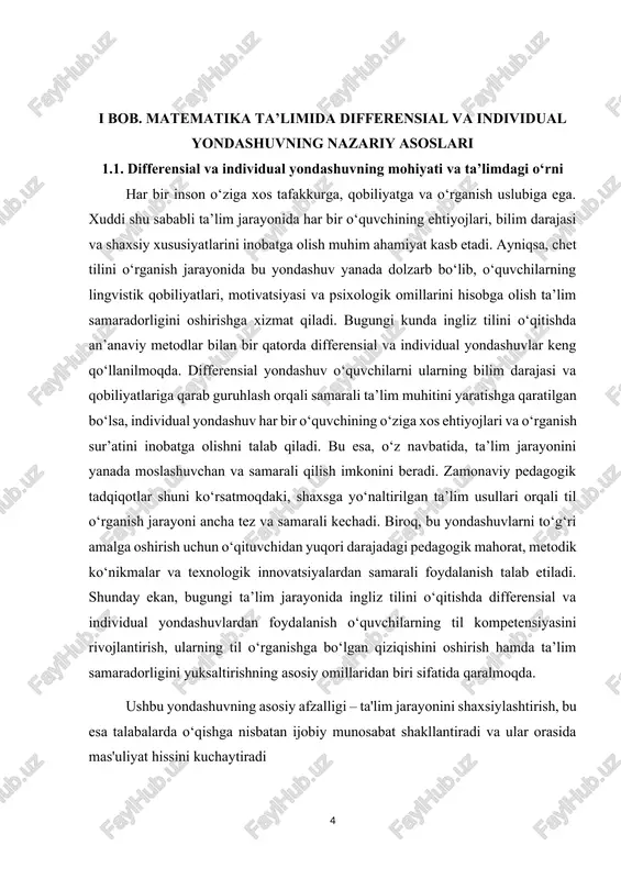 ali kechadi. biroq, bu yondashuvlarni to‘g‘ri amalga oshirish uchun o‘qituvchidan yuqori darajadagi pedagogik mahorat, metodik ko‘nikmalar va texnologik innovatsiyalardan samarali foydalanish talab etiladi. shunday ekan, bugungi ta’lim jarayonida ingliz tilini o‘qitishda differensial va individual yondashuvlardan foydalanish o‘quvchilarning til kompetensiyasini rivojlantirish, ularning til o‘rganishga bo‘lgan qiziqishini oshirish hamda ta’lim samaradorligini yuksaltirishning asosiy omillaridan biri sifatida qaralmoqda. ushbu yondashuvning asosiy afzalligi – ta'lim jarayonini shaxsiylashtirish, bu esa talabalarda o‘qishga nisbatan ijobiy munosabat shakllantiradi va ular orasida mas'uliyat hissini kuchaytiradi differensial yondashuvlar ta’lim sohasida muhim tadqiqot yo‘nalishlaridan biri bo‘lib, u ko‘plab mutaxassislar va tadqiqotchilar tomonidan keng o‘rganib kelinmoqda. quyida ushbu sohadagi muhim asarlar va ularning tahlili keltirib o’taman. tomlinson, c. a. (2001)[footnoteref:5]. differentiated classroom: responding to the needs of all learners tomlinsonning ushbu asari differensial yondashuvlar bo‘yicha asosiy manbalardan biri hisoblanadi. muallif ta’lim jarayonini talabalar ehtiyojlariga moslashtirish usullari, darslarni individuallashtirish va o‘quvchilarning bilimlarini mustahkamlash bo‘yicha amaliy ko‘rsatmalar beradi. tomlinsonning fikricha, o‘qituvchilar talabalar qobiliyatlari …