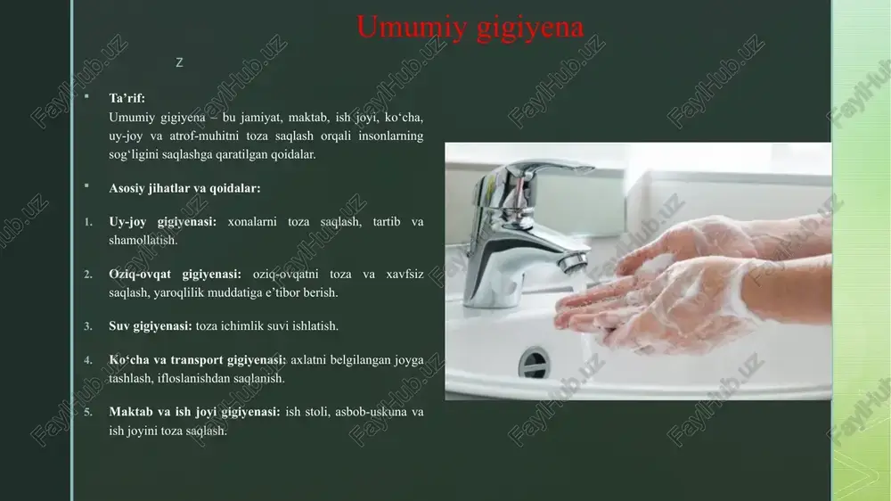 mov, b. sog‘lom turmush tarzi va gigiyena qoidalari. toshkent: universitet nashriyoti, 2019. mamatqulov, s. bolalar gigiyenasi va kasalliklardan himoya. toshkent: o‘qituvchi, 2020. nazarova, d. shaxsiy gigiyena va uning kundalik hayotdagi ahamiyati. toshkent: science press, 2017. rustamova, l. umumiy gigiyena va ekologik xavfsizlik. toshkent: yangi asr, 2021. sattorov, f. kasalliklarning oldini olish va gigiyena. toshkent: tibbiyot nashriyoti, 2016. akbarov, r. gigiyena fanining nazariyasi va amaliyoti. toshkent: o‘zbekiston, 2018. islomov, t. sog‘lom turmush va shaxsiy gigiyena. toshkent: sharq, 2019. tashpulatov, n. jamiyatda umumiy gigiyena qoidalari. toshkent: fan va texnologiya, 2020. yusupova, m. gigiyena va profilaktika choralarining zamonaviy usullari. toshkent: tibbiyot, 2021. z e’tiboringiz uchun raxmat z image4.jpeg image5.jpeg image6.jpeg image7.jpeg image8.jpeg image2.png image3.png /docprops/thumbnail.jpeg shaxsiy va umumiy > gigeyena