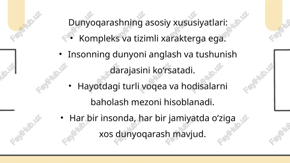 uni asrash mas’uliyatini yuklaydi. bu qarashlar orqali inson milliy identifikatsiyaga ega bo‘ladi — ya’ni “men kimman?”, “qayerdanman?” degan savollarga javob topadi. boshqa madaniyatlarni ham anglab, ularni hurmat qilish madaniy xilma-xillikka nisbatan bag‘rikenglikni shakllantiradi. dunyoqarashni shakllantirish 1. o‘quv jarayonida ilmiy bilimlarni o‘zlashtirish ilmiy asoslangan bilimlar shaxsda haqiqatni izlash, sabab-oqibatni tahlil qilish, tanqidiy fikrlash ko‘nikmalarini shakllantiradi. fanlar (fizika, biologiya, tarix, geografiya va boshqalar) orqali olamning ilmiy manzarasi, qonuniyatlari va tizimliligi haqida tushuncha paydo bo‘ladi. dunyoqarashni shakllantirish 2. muammoli, izlanish va interaktiv metodlar muammoli usullar: talabani oldiga savol yoki masala qo‘yib, uni yechish jarayonida bilim olishga undaydi. izlanish usullari: talabalar mustaqil ravishda manbalarni o‘rganadi, faktlarni izlaydi, xulosalar chiqaradi. dunyoqarashni shakllantirish 3. kitob o‘qish, muhokamalar va ilmiy tadqiqotlar badiiy va ilmiy adabiyotlar o‘qish orqali talabalar fikrlash doirasini kengaytiradi, turli g‘oyalarni solishtirishni o‘rganadi. muhokamalar esa talabalarning o‘qiganlarini tahlil qilish, baholash va o‘z pozitsiyasini ifoda etishga xizmat qiladi. dunyoqarashni shakllantirish 4. madaniy tadbirlarda ishtirok etish talabalarni …