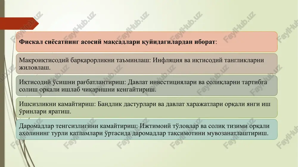 nidan hukumatning sotib olingan qarz majburiyatlari maydonga chiqishi maqsadga muvofiq emas. byudjet defitsitini moliyalashtirishning barcha manbalarini ikki guruhga bo'lish qabul qilingan: ichki manbalar; tashqi manbalar. o'zbekiston respublikasi iqtisodiyot va moliya vazirligining 2024-yil yakunlari bo'yicha e'lon qilingan davlat qarzi bo'yicha statistik ma'lumotlari quyidagicha: davlat qarzining umumiy hajmi jami davlat qarzi: 2024-yil yakunida o'zbekistonning davlat qarzi $40,2 milliardga etdi, bu 2023-yilga nisbatan $5,3 milliardga ko'pdir. yaimga nisbati: davlat qarzining yalpi ichki mahsulotga (yaim) nisbati 2023-yildagi 34,4% dan 2024-yilda 35,0% ga oshdi. qarz turi miqdori (mld $) ulushi (%) tashqi qarz 33,7 84 ichki qarz 6,5 16 💰 qarz tarkibi tashqi qarzning asosiy qismini xalqaro moliya institutlaridan olingan qarzlar tashkil etadi: jahon banki: $7,6 milliard​ osiyo taraqqiyot banki: $7,4 milliard osiyo infratuzilma investitsiyalari banki: $1,7 milliard​ shuningdek, xitoy banklariga $3,8 milliard, yaponiya moliya tashkilotlariga $2,9 milliard, fransiya rivojlanish agentligi va banklariga esa $977 million qarz mavjud. yil davlat qarzi (mld $) yaimga nisbati …