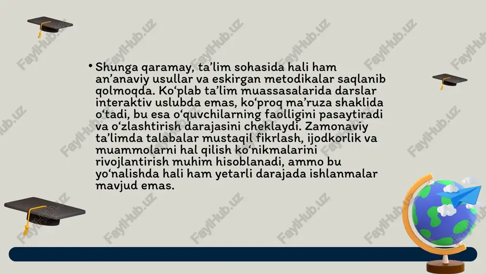 emas, balki u bilimni hayotda to‘g‘ri qo‘llash uchun to‘g‘ri tarbiyaga ega bo‘lish zarur. maktab va universitetlarda ta’lim jarayoni bilan bir qatorda ma’naviy-ma’rifiy ishlar, yoshlarni sog‘lom turmush tarziga, ijtimoiy faollikka yo‘naltirishga qaratilgan tadbirlar o‘tkazilishi muhim. tarbiyaviy ishlar markaziy o‘rinda turishi, ta’lim bilan birga olib borilishi kerakligi tarbiya nafaqat maktabda, balki oilada, jamiyatda, madaniy va sport muassasalarida ham birdek olib borilishi kerak. tarbiyaviy ishlarni mustahkamlash uchun prezident tomonidan maxsus dasturlar ishlab chiqilgan, ular yoshlarning ijtimoiy faolligini oshirishga xizmat qiladi. tarbiya — bu milliy merosni avlodlarga yetkazish, yoshlarni hayotga tayyorlash va jamiyatda ijobiy o‘zgarishlar kiritish vositasidir. kelajak istiqbollari va takliflar 1. ta'lim sohasida rivojlanish uchun yangi imkoniyatlar texnologik yutuqlardan foydalanish: sun’iy intellekt, virtual va kengaytirilgan haqiqat (vr/ar) kabi ilg‘or texnologiyalar ta’lim jarayonini yanada interaktiv va samarali qiladi. xalqaro hamkorlik: ta’lim standartlarini xalqaro darajada uyg‘unlashtirish, chet ellik mutaxassislarni jalb qilish va talabalar almashinuv dasturlarini rivojlantirish. moslashuvchan ta’lim shakllari: individual ta’lim yo‘nalishlari, onlayn kurslar va …