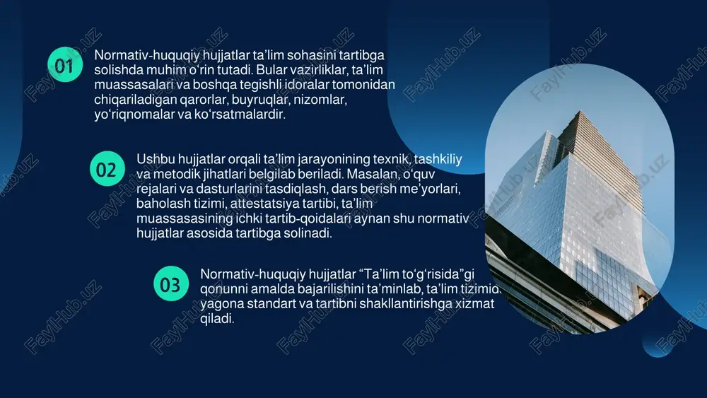 arish ta’lim dasturi — bu fanlar bo‘yicha o‘quv materiallarining mazmunini, hajmini, o‘zlashtirish darajasini va metodik yondashuvlarini belgilovchi hujjatdir. u o‘quvchilarning yoshi, rivojlanish darajasi va ta’lim bosqichiga qarab ishlab chiqiladi. o‘quv rejasi esa ta’lim muassasasida bir yilda o‘tiladigan fanlar ro‘yxati, ularning haftalik yoki yillik soat miqdori va o‘zaro nisbatini belgilaydi. unda majburiy va tanlov fanlarining soni, amaliy mashg‘ulotlar, laboratoriya ishlari va mustaqil ta’lim soatlari ham aks ettiriladi. ta’lim jarayonini tashkil etish va boshqarish ta’lim dasturlari va o‘quv rejalari tegishli vazirlik yoki idoralar tomonidan tasdiqlanadi, ayrim hollarda ta’lim muassasasi tomonidan ishlab chiqilib, yuqori tashkilotga ko‘rib chiqish uchun taqdim etiladi. ular davlat ta’lim standartlariga muvofiq bo‘lishi shart. ushbu hujjatlarning tasdiqlanishi ta’lim sifatini ta’minlash, yagona talablar asosida bilim berish va ta’lim jarayonining qonuniy asosda olib borilishini kafolatlaydi. boshqaruv jarayoniga shuningdek rejalashtirish, nazorat, tahlil, ichki monitoring, o‘qituvchilar faoliyatini baholash va o‘quvchilarning yutuqlarini o‘rganish kiradi. shu tarzda ta’lim jarayoni uzluksiz, izchil va maqsadga yo‘naltirilgan holda olib …