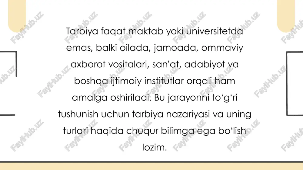ijodiy faoliyat. jismoniy tarbiya sog‘lom, bardam, chiniqqan shaxsni shakllantirish, uning jismoniy salomatligini mustahkamlash va umr davomida faol bo‘lishini ta’minlash uchun xizmat qiladi. vositalari: jismoniy mashqlar, sport turlari (yugurish, suzish, gimnastika, jismoniy o‘yinlar), gigiyena qoidalariga rioya qilish, to‘g‘ri ovqatlanish, dam olish rejimiga amal qilish, tana harakatlarini muntazam bajara turish. huquqiy tarbiya shaxsni qonunlarga hurmat bilan qarashga, jamiyatda qonuniylikni ta’minlashga va fuqarolik mas’uliyatini his qilishga o‘rgatish, qonuniy huquq va majburiyatlarni chuqur anglashga yordam berish uchun xizmat qiladi. vositalari: huquqiy bilim berish, konstitutsiya va boshqa qonun hujjatlari bilan tanishtirish, real hayotiy misollar, sud jarayonlari va huquqiy muammolarni tahlil qilish, huquqshunoslar va advokatlar bilan suhbatlar, interaktiv o‘quv mashg‘ulotlari, muammoli vaziyatlarni ko‘rib chiqish. mehnat tarbiyasi mehnatsevarlik, kasb-hunarga hurmat bilan qarashni shakllantirish, shaxsda mas’uliyat, fidoyilik va mehnat intizomini rivojlantirish orqali mehnatga bo‘lgan ijobiy munosabatni yaratish uchun xizmat qiladi vositalari: amaliy mashg‘ulotlar, ishlab chiqarish jarayonlarida ishtirok etish, kasb o‘rganish va kasbiy tayyorgarlik, mehnatga oid nazariy bilimlar, ish …