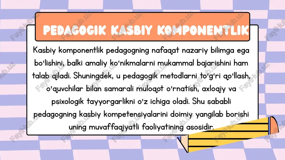 li mashg‘ulotlar o‘quvchilarning ijodiy fikrlashini, jamoaviy ish ko‘nikmalarini rivojlantirishda samarali vositadir. quyidagi mashqlar o‘quvchilarni faol ishtirok etishga, kreativlikni namoyon qilishga undaydi: "muammo va 3 ta yechim" yangi ixtiro" "rasm asosida hikoya" mashq-1: "muammo va 3 ta yechim" har bir guruhga bir xil yoki turli muammoli vaziyatlar beriladi (masalan, “maktabda chiroq o‘chib qolsa, darsni qanday davom ettirasiz?”). guruh a’zolari 3 xil kreativ yechim o‘ylab topishlari kerak. eng noodatiy va foydali yechimlar baholanadi. mashq-2: "yangi ixtiro" guruhga kundalik hayotda mavjud oddiy buyumlar (qalam, daftar, stul) beriladi. guruh ushbu buyumga yangi, noodatiy funksiyalar o‘ylab topadi. har bir guruh o‘z “ixtirosi”ni tanishtiradi. mashq-3: "rasm asosida hikoya" har bir guruhga bir xil yoki turli rasm yoki surat beriladi. guruh rasm asosida ijodiy hikoya tuzadi. hikoyalar og‘zaki taqdim qilinadi va baholanadi. kasbiy komponentlikni oshirishga oid vazifalar pedagogik kasbiy komponentlikni rivojlantirish uchun quyidagi amaliy topshiriqlarni bajarish tavsiya etiladi: 1. dars tahlili qilish dars yozuvini ko‘rib chiqib, quyidagilarni …