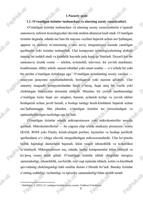 at, aylanish tezligi va yuvish siklini boshqarish uchun javob beradi, u boshqa turdagi hisob-kitoblarni bajarish uchun mo‘ljallanmagan. shu jihatdan, o‘rnatilgan tizimlar tor ixtisoslashgan va optimallashtirilgan tuzilishga ega bo‘ladi. [1: abdullayev, i. (2021). oʻrnatilgan tizimlar nazariy asoslar. tashkent o‘zbekiston.] o‘rnatilgan tizimlar odatda mikroprotsessor yoki mikrokontroller asosida quriladi. mikrokontrollerlar — bu yagona chip ichida markaziy protsessor, xotira (ram, rom yoki flash), kirish-chiqish portlari, taymerlar va boshqa periferik qurilmalarni o‘z ichiga oluvchi integrallashgan mikrosxemalardir. ular ko‘pincha kichik hajmdagi dasturlarni bajaradi, lekin yuqori ishonchlilik va tezkorlikni ta’minlaydi. mikroprotsessor esa, odatda, tashqi komponentlar bilan ishlaydi va ko‘proq resurs talab qiladi. o‘rnatilgan tizimlar ishlab chiqishda energiya samaradorligi, ishonchlilik, xavfsizlik, real vaqt rejimida ishlash, xotira va hisoblash quvvatining cheklanganligi kabi omillar doimo e’tiborda bo‘ladi. bunday tizimlar o‘zining soddaligi, ixchamligi va iqtisodiy samaradorligi bilan ajralib turadi. o‘rnatilgan tizimlarning asosiy xususiyatlaridan biri — ularning real vaqt rejimida ishlash qobiliyatidir. real vaqt tizimlari (rtos — real-time operating systems) muayyan topshiriqni …