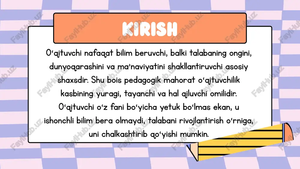 ilan qarash, tinglash va tushunishga intilish. ochiklik va samimiylik - gapni aniq, ochiq va samimiy tarzda ifoda etish, o‘z fikrini shaffof yetkazish. tinglash madaniyati - faol tinglash, boshqalarning fikrini to‘liq tushunishga harakat qilish, so‘zini kesmaslik. asosiy xususiyatlari empatiya (hamdardlik) - boshqalarning hissiyotlarini tushunish, ular bilan ruhiy bog‘lanish va munosabatda bo‘lish. axloqiy etik qoidalar - so‘zlashishda xushmuomala, odobli bo‘lish, haqorat va tanqidni cheklash. konfliktlarni hal qilish qobiliyati - nizolar yuzaga kelganda ularni tinch yo‘l bilan, muloqot orqali hal eta olish. didaktik mahorat didaktik mahorat — bu o‘qituvchining o‘quv materialini tizimli, tushunarli, ilmiy asoslangan tarzda, yosh va psixologik xususiyatlarga mos ravishda yetkazish qobiliyatidir.yaxshi didaktik mahoratga ega o‘qituvchi materialni oddiydan murakkabga, konkretdan abstraktga, nazariyadan amaliyotga qarab bosqichma-bosqich yetkazadi. bu orqali talaba bilimni faqat yodlamaydi, balki tushunadi, tahlil qiladi, qo‘llay oladi. didaktik mahorat didaktik mahortga quyidagilar kiradi: o‘quv jarayonini rejalashtirish; dars maqsadini aniq belgilash; fanlararo bog‘liqlikni ta’minlash; iinterfaol metodlardan foydalanish; natijalarni baholash. innovatsion yondashuv …