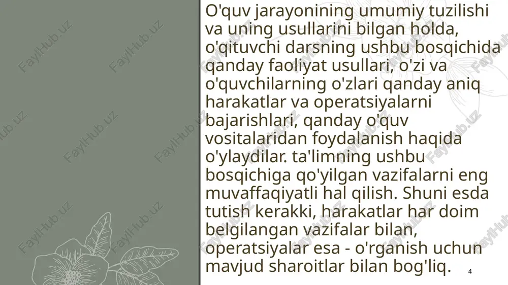 arning qiziqishini orttirib, ularning ta’lim jarayonida faolligi muttasil rag’batlantirilib turilishi, o‘quv materialini kichik –kichik bo‘laklarga bo‘lib, ularning mazmunini ochishda bahs, munozara, kichik guruhlarda ishlash, interfaol metodlarni qo‘llash, turli qiziqtiruvchi misollarning keltirilishi, o‘quvchilarni amaliy mashqlarni mustaqil bajarishga undash, turli baholash usullaridan foydalanish, ta’lim vositalaridan joyida va vaqtida foydalanish talab etiladi. 15 an’anaviy dars o‘tishning asosiy tarkibiy qismlari quyidagi bosqichlardan iboratdir: kirish bosqichi: -o‘tgan o‘quv materialini takrorlash; -dars maqsadini tushuntirish, -dars mazmuni va rejasi bilan tanishtirish. yangi mavzuni yoritish: -yangi mavzuni kichik –kichik bo‘lakchalarga bo‘lib berish; -turli misollarni inkoni boricha ko‘rgazmali taqdim qilish; -mavzudan chetlashmaslik; -o‘quv materialining murakkab tomonlarini qayta tushuntirish; -o‘quvchilarning tushunganlik darajasini tekshirib borish; -teskari aloqani ta’minlash. 16 3. materialni mustahkamlash uchun mashq. biror topshiriq(masala) echimini o‘quvchilar bilan to‘liq tahlil qilish. 4. yo‘naltirib turiluvchi mashq. o‘quvchilar topshiriq(masala)ni mustaqil bajarishadi, o‘qituvchi esa ularni nazorat qilib, tuzatish kiritib boradi. 5.mustaqil bajariladigan mashq. o‘quvchilar mashqni mustaqil holda o‘qituvchi yordamisiz bajarishadi. 6. o‘quvchilarning tushunganlik …