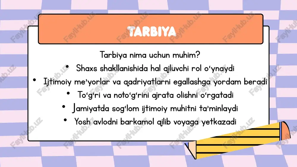 a’sirlar 3. internetdagi zararli kontent nojo‘ya ma’lumotlar, zo‘ravonlik, g‘arazli qarashlar yoshlarning ongiga salbiy ta’sir ko‘rsatadi. ko‘p vaqt internetda o‘tkazish, yomon odatlar rivojlanishi va ijtimoiy izolyatsiyaga olib keladi. ruhiy zo‘riqish, ishonchsizlik, tashvishlarning paydo bo‘lishiga sabab bo‘ladi. salbiy ta’sirlar oldini olish yo‘llari nazorat va monitoring ota-onalar va tarbiyachilar yoshlarning harakatlarini va internetdagi faoliyatini nazorat qilishi kerak. texnologik vositalar yordamida zararli kontentga kirishni cheklash. salbiy ta’sirlarni oldini olish ijtimoiy-psixologik xizmatlar maktab va jamoalarda psixologik yordam ko‘rsatish, stress va muammolarni aniqlash va bartaraf etish. muloqot, maslahatlar orqali yoshlarning ruhiy salomatligini mustahkamlash. salbiy ta’sirlarni oldini olish 3. tarbiyaviy suhbatlar va maslahatlar yoshlar bilan doimiy suhbat olib borish, ularni to‘g‘ri qadriyatlar bilan tanishtirish. salbiy ta’sirlardan himoyalanish uchun maslahatlar berish, ongli va mas’uliyatli qarorlar qabul qilishga o‘rgatish. salbiy ta’sirlarni oldini olish salbiy omillar tarbiyaga zarar yetkazishi mumkin, ammo ularni oldini olish uchun zamonaviy va tizimli choralar ko‘rish zarur. bu jarayonda ota-ona, maktab, jamiyat va mutaxassislarning hamkorligi muhimdir. …