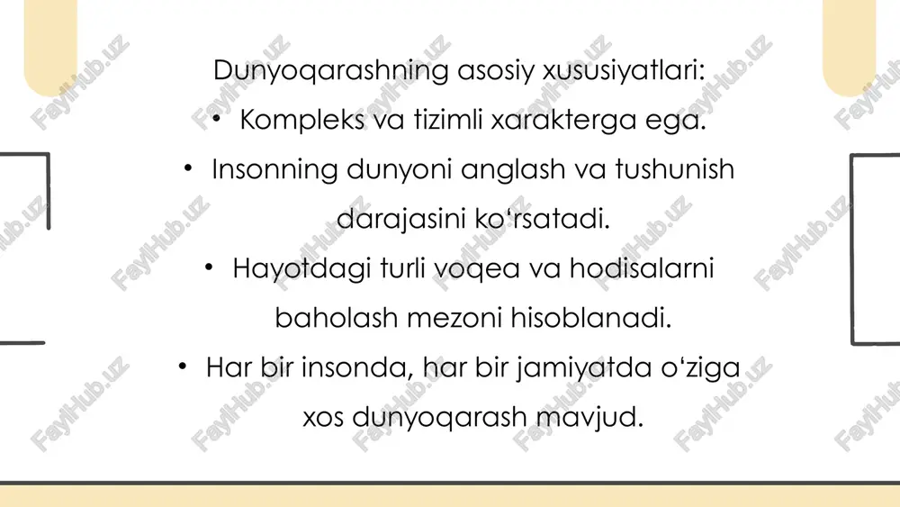ni anglash, ajdodlari merosini qadrlash va uni asrash mas’uliyatini yuklaydi. bu qarashlar orqali inson milliy identifikatsiyaga ega bo‘ladi — ya’ni “men kimman?”, “qayerdanman?” degan savollarga javob topadi. boshqa madaniyatlarni ham anglab, ularni hurmat qilish madaniy xilma-xillikka nisbatan bag‘rikenglikni shakllantiradi. dunyoqarashni shakllantirish 1. o‘quv jarayonida ilmiy bilimlarni o‘zlashtirish ilmiy asoslangan bilimlar shaxsda haqiqatni izlash, sabab-oqibatni tahlil qilish, tanqidiy fikrlash ko‘nikmalarini shakllantiradi. fanlar (fizika, biologiya, tarix, geografiya va boshqalar) orqali olamning ilmiy manzarasi, qonuniyatlari va tizimliligi haqida tushuncha paydo bo‘ladi. dunyoqarashni shakllantirish 2. muammoli, izlanish va interaktiv metodlar muammoli usullar: talabani oldiga savol yoki masala qo‘yib, uni yechish jarayonida bilim olishga undaydi. izlanish usullari: talabalar mustaqil ravishda manbalarni o‘rganadi, faktlarni izlaydi, xulosalar chiqaradi. dunyoqarashni shakllantirish 3. kitob o‘qish, muhokamalar va ilmiy tadqiqotlar badiiy va ilmiy adabiyotlar o‘qish orqali talabalar fikrlash doirasini kengaytiradi, turli g‘oyalarni solishtirishni o‘rganadi. muhokamalar esa talabalarning o‘qiganlarini tahlil qilish, baholash va o‘z pozitsiyasini ifoda etishga xizmat qiladi. dunyoqarashni shakllantirish …