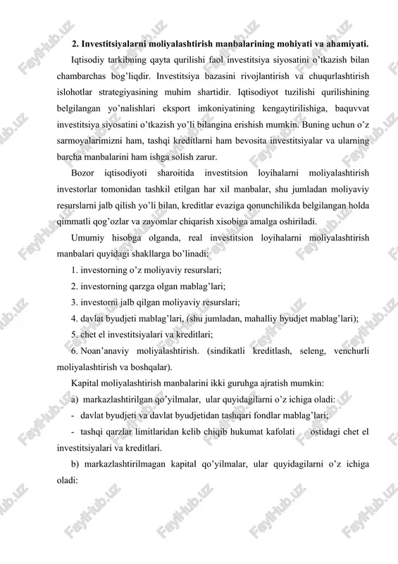 vi organlari mablag’lari, banklarning, shu jumladan, xorijiy banklarning kreditlari; - aholi mablag’lari. real investitsion loyihalarni moliyalashtirish turli shakl va usullarda olib boriladi. hozirgi vaqtda investitsiyalarni moliyalashtirish manbalarini shakllantirish, investitsiya faoliyatining bosh muammolaridan biri xisoblanadi. bozor iqtisodiyoti sharoitida investitsion loyihalarni moliyalashtirish quyidagi manbalar xisobiga amalga oshirilmoqda. 1. investorning o’z moliyaviy resurslari va ichki xo’jalik rezervlari (foyda, amortizatsiya ajratmalari, maxsus zahira fondlari); 2. investorning qarz mablag’lari (bank krediti, byudjet krediti, obligatsiya bo’yicha qarzlar); 3. jalb qilingan moliyaviy resurslar (aksiyalarni sotish, mehnat jamoasining pay va boshqa ko’rinishdagi badallari, yuridik va jismoniy shaxslarning pay va boshqa badallari); 4. byudjetdan investitsion assignatsiyalari (mahalliy, davlat va byudjetdan tashqari fondlar mablag’lari). 5. chet el investitsiyalari (chet el kreditlari, to’g’ridan-to’g’ri chet el investitsiyasi, qo’shma korxonalar ko’rinishida); 6. lizing va seleng (investitsion loyihalarni moliyalashtirishning bir turi bo’lib, asbob-uskuna, transport vositalari, bino va inshootlarni ijariga yoki intellektual mulkdan foydalanish huquqini berish tushiniladi). ushbu moliyalashtirish shakllari va manbalarining har biri o’zining …