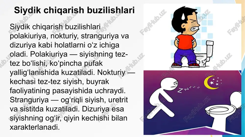 lliklari erta tashxis va davo talab qiladi. xulosa urologik kasalliklar ko‘p uchraydi va bemor hayot sifatiga katta ta’sir ko‘rsatadi. simptomlarni erta aniqlash, zamonaviy tashxis usullaridan foydalanish va individual davolash usullarini tanlash muhimdir. asoratlarning oldini olish uchun bemorlar muntazam nazoratda bo‘lishi kerak. urologiyaning rivojlangan usullari — minimal invaziv jarrohlik, yangi antibiotiklar va kompleks davolash samaradorlikni sezilarli oshiradi. image1.jpeg image3.webp image4.jpeg image5.jpeg image6.jpeg image7.jpeg image8.jpeg image9.jpeg image10.jpeg image11.jpeg image12.jpeg image13.jpeg image14.jpeg image15.png image2.jpeg uti symptoms icon set bap leh ) istock ) er bs) craciit: takoyak! tech) re) ® 8 0 kidney (cut) gross hematuria microscopic hematuria ga. \ __ bladder cystoscope {medifee.com }_ /docprops/thumbnail.jpeg ‘urologik kasalliklar simptomiari,