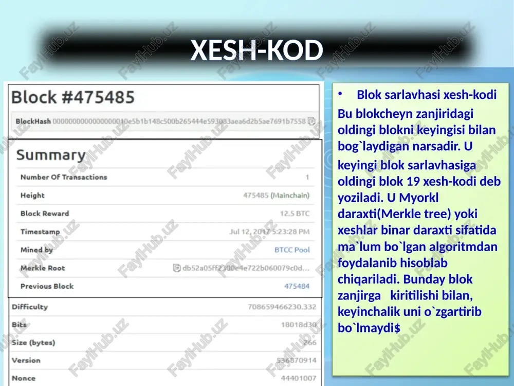 shimchalik bilan ma`lumotlarni harflar va raqamlar qatoriga aylantiradigan matematik algortim foydalanilgan adabiyotlar https://yooutube.ru/uz/blokchein-chto-eto-i-kak-rabotaet-tehnologiya-perspektivy-kak-zarabatyvat/ e`tiboringiz uchun rahmat image2.jpeg image3.jpeg image4.png image5.png image6.jpeg image7.jpeg image8.png image9.emf _________microsoft_word1.docx image1.png block #475485 blockhash 00000000000000000110esb 1b148c500b265444e593083aea6d2bsae7691b7558 summary number of transactions 1 height 475485 (mainchain) block reward 12.5 btc timestamp jul 12, 2017 5:23:28 pm mined by btcc pool merkle root [b dbs2a05ff2300e4e722b060079c0d. previous block 475484 difficulty 708659466230.332 bits 18018430 size (bytes) 266 version 536870914 nonce 44401007 next block 475486 blokcheyn afzalliklari va kamchiliklari afzalliklari kamchiliklari markazsizlanganlik = — —_tarmoq ishtirokchilari o‘zaro teng va to‘g'ridan- to‘g‘ti ma’lumot alamasha oladi masshtablilik — agar bitkoin blokcheyniga viza tranzaksiyalarining bir ulushi to‘g‘ti kelganda edi, uning o‘lchami _yuzlab terabaytlarga etardi ishonch! — ma’lumotlarni almashtirish va xakerlar hujumi imkonsiz, chunki maxsus shifrlangan kalitlar ishlatiladi firibgarlik — blokcheyn ma lumotlarini uzatish qaytarilmas ravishda sodir bo'ladi. shu sababli amaliyotni orgaga qaytarish imkonsiz, u hatto adashib qilinganda ham shaffoflik — barcha bloklar_ ommaviy ko‘rish …