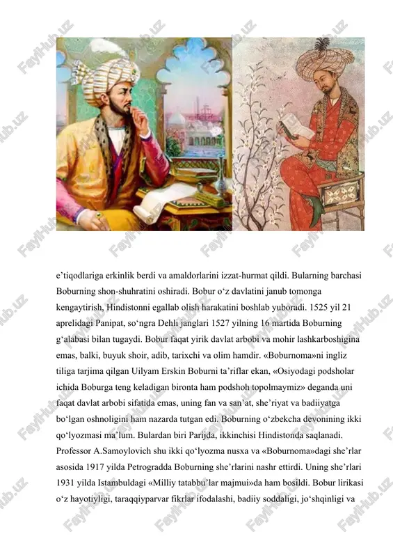 da, u yerdagi barcha madaniy, ilmiy, badiiy osori-atiqalar angliyaga olib ketilgan edi. bobur devoni lirik turning turli xil janrlarida yozilgan she’rlarni: g‘azal, ruboiy, tuyuq, masnaviy, qit’a, fard va boshqalarni o‘z ichiga oladi. unda biz oddiy g‘azallardan tashqari g‘azali musajja’ (markaziy ruknlari qofiyadosh bo‘lgan g‘azal), qit’a g‘azal (birinchi bayti-matla’-qofiyasiz bo‘lgan g‘azal), g‘azali husni matla’ (matla’dan keyingi baytning har ikkala misrasi matla’ga qofiyadosh bo‘lgan g‘azal), qo‘shaloq vaznli va qo‘shaloq qofiyali g‘azal, taronai ruboiy (to‘rtala misrasi qofiyalangan ruboiy), oddiy tuyuqdan tashqari qo‘shaloq tajnisli tuyuq va boshqalarni ham kuzatishimiz mumkin. g‘azal, ruboiy va tuyuq bobur lirikasining eng xarakterli janrlaridir. bobur hayot, muhabbat va shodlik kuychisidir. bundan tashqari uning lirikasidagi vatan ishtiyoqi, g‘ariblikning xasrat va nadomatli dardlari ham mana shu lirikada o‘zining aksini bildirib turadi. yoz fasli, yor vasli, do‘stlarning suhbati, she’r bahsi, ishq dardi, bodaning kayfiyati, deb boshlanuvchi sho‘x g‘azallar orasida: tole’ yo‘qi, jonimga balolig‘ bo‘ldi, har ishnikim ayladim xatolig‘ bo‘ldi. o‘z yerni qo‘yib …