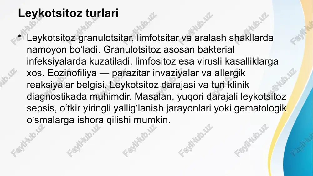adi. e’tiboringiz uchun rahmat image1.jpeg image3.webp image4.jpeg image5.png image6.png image7.jpeg image8.png image9.jpeg image10.jpeg image2.jpeg blood elements i monocyte white blood cells cosmo (about 4%): osinophi neutrophil basophil lymphocyte platelets (0.01%) red blood cells (about 41%) plasma (about 55%) leukopenia leukocytes types & functions ie z 3. granulocytes: (eosinophils, basophils, neutrophils) monocytes lymphocytes monocyte © prepared by: mr. zalzali 2245434881 leukopenia leukocytosis low number of white normal number of white high number of white blood cells blood cells blood cells leukopenia normal leukopenia leukemoid reaction leukemia normal blood leukemia white blood cells red blood cell abnormal white blood cells © ihh healthcare singapore /docprops/thumbnail.jpeg nato@v3k0n0rma cuctembi kpobm a leykomoid reaksiyalar.- lleykoz va uning turlari