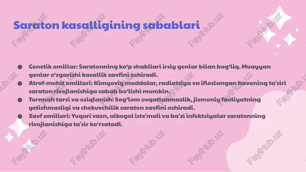 lar bilan shug‘ullanish tavsiya etiladi. har yili muntazam tibbiy ko‘riklardan o‘tish, shuningdek, o‘z-o‘zini tekshirish va shifokorlar maslahati bilan saraton belgilari aniqlanishini ta’minlaydi. oziqlanish va saraton oldini olish oziqlanish va saraton o'rtasidagi bog'lanish muhim ahamiyatga ega. to'g'ri ovqatlanish saraton kasalliklarining rivojlanishini oldini olishda katta rol o'ynaydi. oziqlanish orqali organizmning immun tizimini mustahkamlash, shuningdek, zararli moddalar bilan kurashishga yordam beradi. saratonning oldini olishda quyidagi oziq-ovqatlar tavsiya etiladi: 1. brokkoli - antioksidantlar bilan boy, saraton hujayralarini kamaytiradi; 2. lazzatli mevalar (masalan, qulupnay) - vitamin c va antioksidantlarga boy; 3. zaytun yog'i - sog'lom yog'lar manbai; 4. tofu - proteinga boy va saraton qarshi xususiyatlarga ega; 5. yashil choy - kuchli antioksidant; 6. sariq sabzavotlar - karotinoidlar manbai. to'g'ri oziqlanish uchun sabzavotlar va mevalarni ko'proq iste'mol qilish, qayta ishlangan oziq-ovqatlardan saqlanish va suvni ko'p ichish muhimdir. xulosa saraton haqida qisqacha ma'lumot saraton - bu hujayralarning nazoratsiz rivojlanishi natijasida yuzaga keladigan kasallik. u global miqyosda …