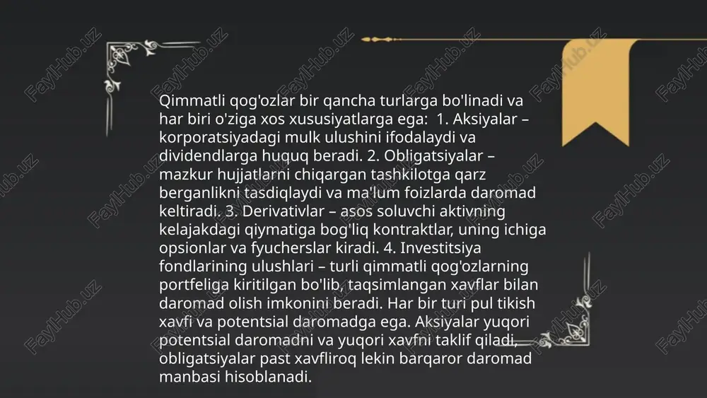 i va iqtisodiy sharoitlarga bog'liq. misol uchun, inflyatsiya darajasi yillik 10% bo'lganda, bugungi 100 ming so'm kelgusida 90 ming so'm xarid kuchiga ega bo'ladi. o'zbekistonda markaziy bankning asosiy stavkasi 2023 yil oktabr holatiga ko'ra 14% ni tashkil etadi. qimmatli qogozlar bozori va pulga talab xolmamatov xojiakbar bha-206-23s e'tiboringiz uchun raxmat! image1.png image2.png image3.png image4.jpg image5.jpg image6.jpg image7.png presentation theme od . soy let’s jump in! ==> aa chek ~ bu chekda ko'rsatilgan summani bankdan to'lovchining so'zsiz__ buyrug'isiz to'lashni o'z ichiga olgan qimmatli qog'oz . cheklar quyidagi turlarga bo'linadi : ro’yxatdan o’tgan = buyurtma = tashuvchi chek egasi kim- chek beruvchining o'zi cheklar 250 000 pyb. hoa rienanu naw memos — <2 bow ono secre! bankda ma’lum pul mablag'lariga ega bo'lishi, cheklarni berish orgali pul mablag'larini boshqarish huquqiga ega bo'lgan yuridik shaxs bo'lib. .w <* s maqsadli bozorni tanlash < bozor asosida tovar - pul munosabatlan yotadi. tovar ishlab chigarishning rivojlanishi …
