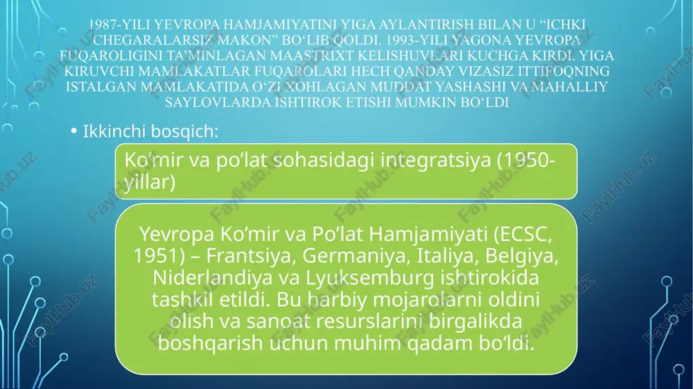 yagona valyutasi qaysi yilda muomalaga kiritildi? a) 1993-yil b) 1995-yil c) 1999-yil d) 2002-yil 10. quyidagilardan qaysi biri yevropa ittifoqining asosiy tamoyillaridan biri emas? a) erkin harakat b) bojxona cheklovlari c) erkin savdo d) yagona valyuta etiboroiz uchun rahmat uktamov faxriyor 210-guruh talabasi image2.png image3.png /docprops/thumbnail.jpeg