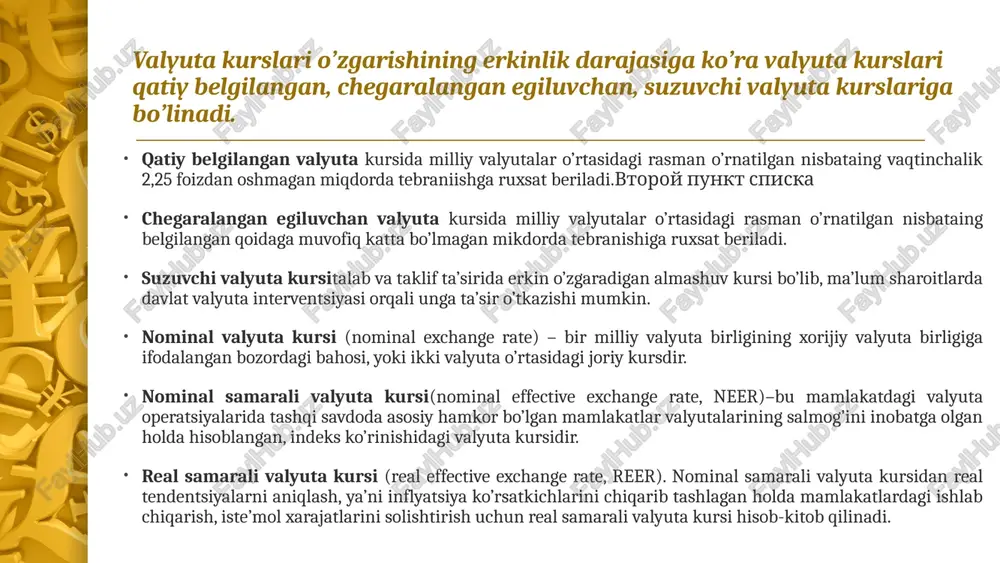 romoliyaviy tashkilotlarning market-meykerlari tomonidan, kutilayotgan talab va taklif o’rtasidagi farqqa bog’liqholda o’rnatiladi. market-meykerlar- bu turli valyutalarni bitimlar bo’yicha sotib olish va sotish kurslari kotirovkasini doimiy ravishda amalga oshiruvchi moliya muasassalari hisoblanadi. spot operatsiyasi, qoida bo’yicha, bitim kunini hisobga olmagan holatda, ikki ish kuni davomida valyutani ayirboshlash bitimini bildiradi. shuni alohida qayd etib o’tish lozimki, valyuta operatsiyalari ichida eng ko’p qo’llaniladigani spot operatsiyalaridir va ushbu bozorlarda tijorat banklarining ulushi sezilarli darajada. tijorat banklari tomonidan amalga oshirilayotgan valyuta operatsiyalarining tarkibiga qaraladigan bo’lsa, unda spot operatsiyalari hajmi jami valyuta operatsiyalarining 80 foiz miqdorini tashkil etadi. shuning bilan birga, spot operatsiyalari tijorat banklarining valyuta operatsiyalari ichida eng ko’p riskka tortilgani bo’lib hisoblanadi. bunga asosiy sabab, spot operatsiyalarining qisqa muddatliligi va ularni sug’urtalashning imkoniyatini yo’qligidir. shu sababli, tijorat banklariga valyuta pozitsiyalari bo’yicha limitlar joriy etilgan. 8 valyuta pozitsiyasiga limit har bir davlatning iqtisodiy holati va mamlakat moliyaviy tizimining o’ziga xosligidan kelib chiqib o’rnatiladi. arbitraj operatsiyalari …