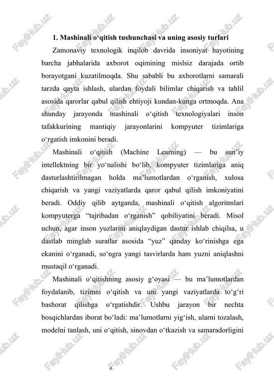 larga tayanib, yangi mijoz uchun qaror chiqarishni o‘rganadi. nazoratli o‘qitishning eng mashhur algoritmlari: chiziqli regressiya (linear regression) – miqdoriy qiymatlarni prognozlash uchun. logistik regressiya (logistic regression) – ehtimollik asosida klassifikatsiya uchun. beshta eng yaqin qo‘shni usuli (k-nearest neighbors) – sinflashtirish va regressiya uchun. qaror daraxtlari (decision trees) – shartli qarorlar asosida klassifikatsiya. tasodifiy o‘rmon (random forest) – bir nechta qaror daraxtlarini birlashtiruvchi ansambl usuli. neyron tarmoqlar (neural networks) – inson miyasiga o‘xshash hisoblash tizimlari asosida o‘rganish. bu usullar yordamida kompyuter modeliga oldindan belgilangan “haqiqat” qiymatlari ko‘rsatiladi, shunda u xatolikni kamaytirish yo‘li bilan o‘zini o‘zi optimallashtiradi. 1.3. nazoratsiz o‘qitish (unsupervised learning) bu usulda tizimga faqat kirish ma’lumotlari taqdim etiladi, lekin chiqish natijalari (ya’ni to‘g‘ri javoblar) berilmaydi. maqsad — ma’lumotlar ichidagi yashirin tuzilmalarni, o‘xshashliklarni va guruhlarni aniqlashdir. masalan, elektron tijorat tizimida foydalanuvchilar xarid odatlariga qarab avtomatik tarzda klasterlarga (guruh) ajratilishi mumkin: “elektronika xaridorlari”, “kiyim-kechak xaridorlari”, “tez-tez xarid qiluvchi mijozlar” va hokazo. nazoratsiz …