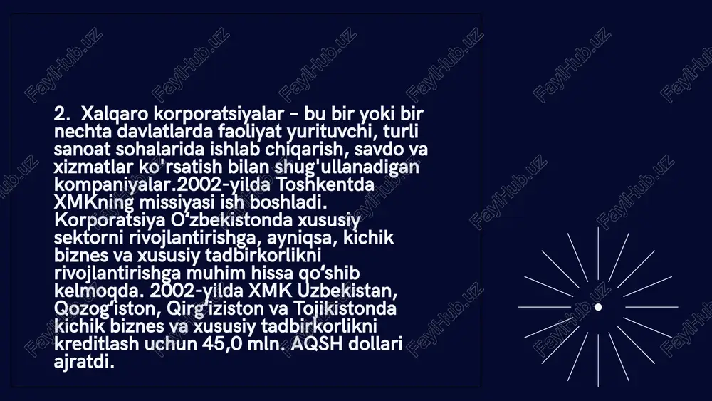 iyaviy barqarorlikka erishish uchun standartlar o`rnatishga yordam beradi barqarorlik va ijtimoiy mas'uliyat: xalqaro korporatsiyalar barqaror rivojlanishga va ijtimoiy mas'uliyatga chuqur yondashadilar. barqaror amaliyotlar va ijtimoiy loyihalar amalga oshiradi. global iqtisodiyotda kelajakdagi tendentsiyalar, raqamli transformatsiya va barqaror rivojlanish masalalariga muhim ahamiyatga ega. thank you image1.png image2.svg /docprops/thumbnail.jpeg