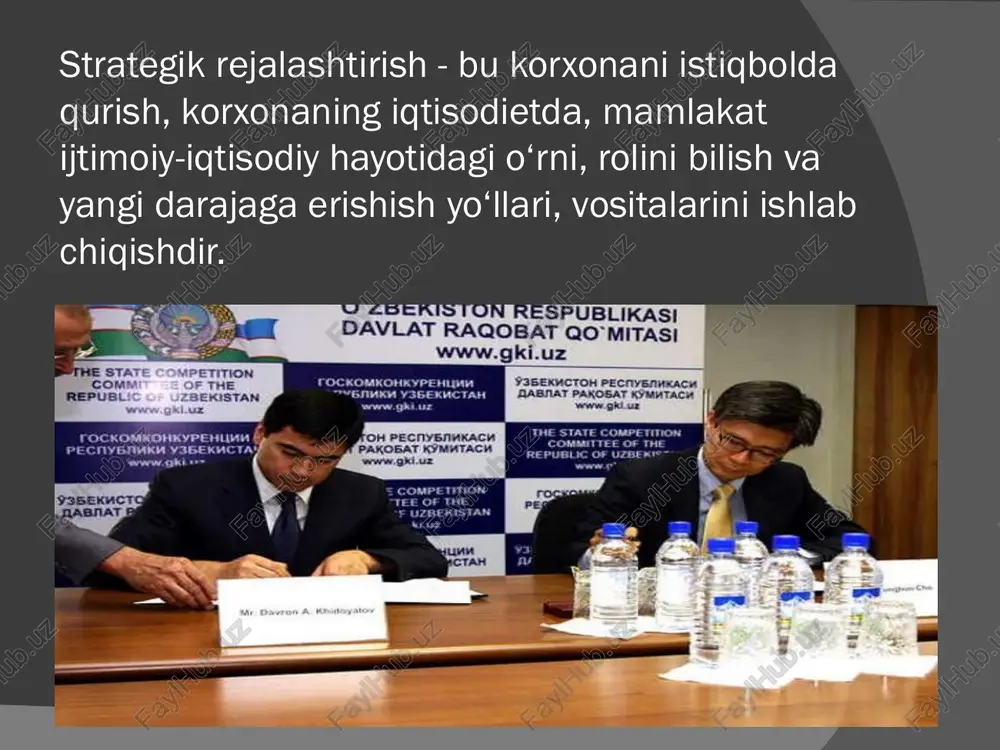 imoiy-iqtisodiy rivojlantirish yakunlari va 2009 yilga mo‘ljallangan iqtisodiy dasturning eng muhim ustuvor yo‘nalishlariga bag‘ishlangan vazirlar mahkamasi majlisidagi ma’ruzasi // xalq so‘zi, 2009 yil 14 fevral. 33-34 soni. 3. bagiev g.l., tarasevich v.m., ann x. marketing. ucheb. -spb.: piter, 2008. -736s. 4. qosimova m.s., yusupov m.s., ergashxodjaeva sh.j. marketing. darslik. – t.: o`zbekiston yozuvchilar uyushmasi, 2005, 165-b. 5. yusupov m.a., abduraxmonova n. marketing. – t.: iqtisodiyot, 2007. www.ziyonet.uz www.arxiv.uz http://www.ziyonet.uz/ http://www.arxiv.uz/ 21 21 b/bx/b jadvali bilaman bilishni xohlayman bilib oldim marketing nazoratining maqsadlari quyidagilardan iborat: - maqsadga erishish darajasini belgilash, - yaxshilanish imkoniyatini aniqlash, - korxona moslashuvchanligini talab qilingan atrof-muhit o‘zgarishlariga qanchalik mos kelishini aniqlash strategik rejalashtirishning asosiy xususiyati- umumdoimiy ravishda opyerativ va strategik nazoratga tayanishidir. bu esa strategiyaga tayinli davr mobaynida turli o‘zgarishlarni kiritish va tashqi muhit sharoitlariga moslashish imkonini beradi. marketingni nazorat qilish jarayoni 5 ta asosiy bosqichni o‘z ichiga oladi: 1.nazorat qilishga mo‘ljallangan reja ko‘rsatkichlarini asoslash 2.faoliyatni haqiqiy …
