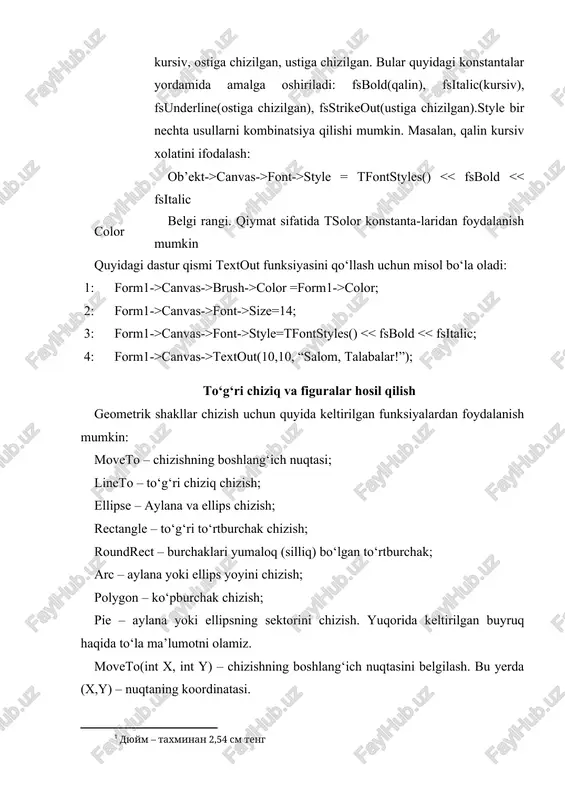 ipse(50,50,200,150); 21: } 5.4.3 – rasm: ellips chizish. 5.4.4 – rasm: aylana chizish 5.4.4 – rasmda keltirilgan aylana chizish uchun quyidagi kodni yozamiz. 22: void __fastcall tform1::formpaint(tobject *sender) 23: { 24: canvas->pen->color = clred; 25: canvas->ellipse(50,50,200,200); 26: } arc(int x1, int y1, int x2, int y2, int x3, int y3, int x4, int x4) – yoy chizish. bu yerda (x1,y1) va (x2,y2) – mos ravishda yoy chiziladigan to‘g‘ri to‘rtburchak sohaning chap yuqori va o‘ng past uchlari koordinatasi. (x3,y3) va (x4,y4) nuqtalar mos ravishda yoyning boshlang‘ich va oxirgi koordinatalari. 27: void __fastcall tform1::formpaint(tobject *sender) 28: { 29: canvas->pen->color = clred; 30: canvas->arc(50,50,200,200,150,70,70,150); 31: } yuqorida keltirilgan dastur kodining natijasi 5.4.5 – rasmda keltirilgan. polygon dan foydalanib ko‘pburchak chizish mumkin. polygon tpoint tipli massivni parametr sifatida qabul qiladi. har bir massiv elementi o‘zida ko‘pburchakning bitta burchagi koordinatasi (x,y) ni saqlaydi. polygon esa shu nuqtalarni ketma-ket to‘g‘ri chiziqlar bilan tutashtirib chiqadi. chiziqning ko‘rinishi …