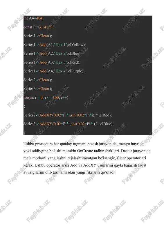 antiqiy ko`paytirish) - mantiqiy operatori ikkita mantiqiy o`zgaruvchini birlashtiradi. agar ikkala o`zgaruvchi ham rost qiymatga ega bo`lsa natija rost, aks holda yolg`on natija beradi. || (mantiqiy qo`shish) - mantiqiy operatori ikkita mantiqiy o`zgaruvchini birlashtiradi. agar o`zgaruvchilardan kamida bittasi rost qiymatga ega bo`lsa natija rost, aks holda yolg`on natija beradi. ! - mantiqiy inkor operatori jadvali x !x false true true false &&, || manqiqiy operatorlai jadvali x y x && y x || y false false false false false true false true true false false true true true true true mantiqiy amallarga misollar a = true; b=false; c = !a; { c = false } c = a && b; { c = false } c = a || b; { c = true } munosabat amallari == - teng = - katta yoki teng - katta munosabat amallariga misollar c = 5 0 ) && ( k caption=(" ifodaning …