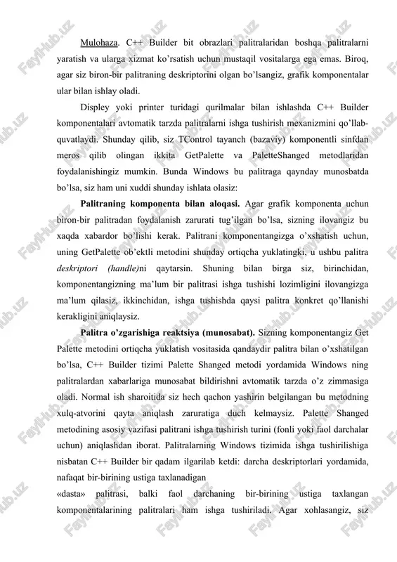 l qilingan metodikasi shundan iboratki, bunda ekrandan tashqari bit obrazi yaratiladi, bu obrazga konkret tasvir tushiriladi yoki to’ldiriladi va, nihoyat, yaratilgan tasvir to’laligicha bit obrazidan ekran darchasining ko’rsatilgan joyiga nusxa ko’chirib olinadi. shu tufayli ekran darchasida bevosita takroran rasm chizish keltirib chiqaradigan va ko’zni charchatadigan monitor ekranidagi lipillashlar kamayadi. c++ builder sizning ilovangizda tbitmap sinfi ob’ektlarini yaratish imkonini beradiki, bu ekrandan tashqari tasvirlar sifatida ishlay oladigan fayl va boshqa zahiralar tasvirlarini ham sizning ilovangizda taqdim etish uchun qilinadi. c++ builder muhitida grafik shakllarni chizish delphi dasturlash tizimining vizual komponentlar kutubxonasi bir qancha grafiklar hosil qilish imkoniyatini beruvchi ob’ektlarga egadir. bulardan ayrimlari: timage, tshape va tbevel ob’ektlari. - image – bu ob’ekt formaning ixtiyoriy joyiga grafik tasvirni joylashtirish imkonini beradi. bunda .bmp, .ico, .wmf formatidagi rasmlar tasvirlanadi. ob’ekt additional komponentlar palitrasida joylashgan. rasmlarni ob’ektlar inspektori xususiyatidagi picture qatori orqali qo‘yish mumkin. agar bu rasmlar formaga joylashtirilgan bo‘lsa, u holda .exe kengaytmali …