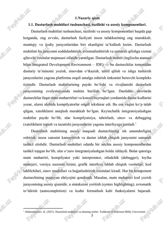ti.] dasturlash muhitining asosiy maqsadi dasturchining ish unumdorligini oshirish, inson xatosini kamaytirish va dastur ishlab chiqish jarayonini samarali tashkil etishdir. dasturlash muhitlari odatda bir nechta asosiy komponentlardan tashkil topgan bo‘lib, ular o‘zaro integratsiyalashgan holda ishlaydi. bular qatoriga matn muharriri, kompilyator yoki interpretator, otladchik (debugger), loyiha menejeri, versiya nazorati tizimi, grafik interfeys ishlab chiqish vositalari, kod tahlilchilari, sinov modullari va hujjatlashtirish vositalari kiradi. har bir komponent dasturchining muayyan ehtiyojini qondiradi. masalan, matn muharriri kod yozish jarayonining asosiy qismidir, u sintaksisni yoritish (syntax highlighting), avtomatik to‘ldirish (autocompletion) va kodni formatlash kabi funksiyalarni bajaradi. kompilyator esa dasturchi yozgan yuqori darajadagi kodni mashina tiliga o‘tkazadi, ya’ni uni kompyuter tushunadigan formatga keltiradi. dasturlash muhitlarining yana bir muhim qismi — bu otladchik, ya’ni dasturdagi xatoliklarni topish va tahlil qilish vositasi. otladchik yordamida dasturchi kodni qadam-baqadam bajarib, xatolik yuzaga kelgan joyni aniqlashi va uni tuzatishi mumkin. bu vosita nafaqat texnik xatoliklarni, balki mantiqiy muammolarni aniqlashda ham juda …