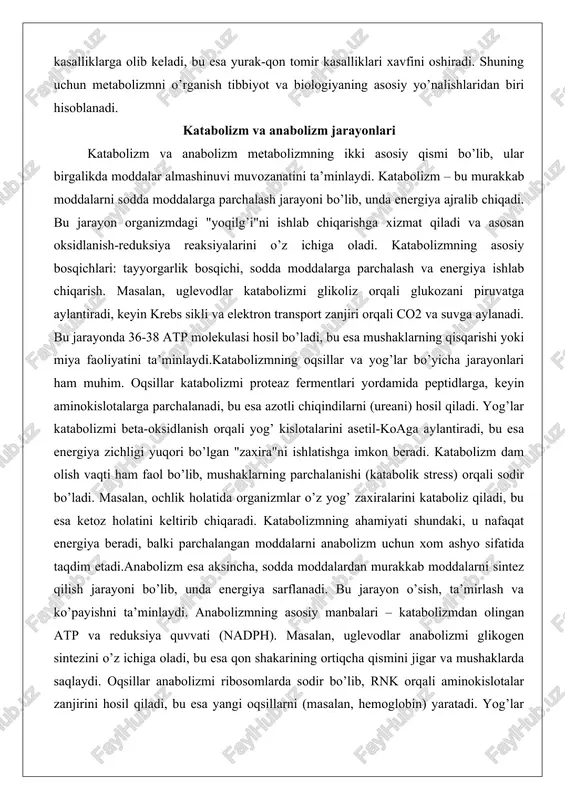 sil bo’ladi, bu esa mushaklarning qisqarishi yoki miya faoliyatini ta’minlaydi.katabolizmning oqsillar va yog’lar bo’yicha jarayonlari ham muhim. oqsillar katabolizmi proteaz fermentlari yordamida peptidlarga, keyin aminokislotalarga parchalanadi, bu esa azotli chiqindilarni (ureani) hosil qiladi. yog’lar katabolizmi beta-oksidlanish orqali yog’ kislotalarini asetil-koaga aylantiradi, bu esa energiya zichligi yuqori bo’lgan "zaxira"ni ishlatishga imkon beradi. katabolizm dam olish vaqti ham faol bo’lib, mushaklarning parchalanishi (katabolik stress) orqali sodir bo’ladi. masalan, ochlik holatida organizmlar o’z yog’ zaxiralarini kataboliz qiladi, bu esa ketoz holatini keltirib chiqaradi. katabolizmning ahamiyati shundaki, u nafaqat energiya beradi, balki parchalangan moddalarni anabolizm uchun xom ashyo sifatida taqdim etadi.anabolizm esa aksincha, sodda moddalardan murakkab moddalarni sintez qilish jarayoni bo’lib, unda energiya sarflanadi. bu jarayon o’sish, ta’mirlash va ko’payishni ta’minlaydi. anabolizmning asosiy manbalari – katabolizmdan olingan atp va reduksiya quvvati (nadph). masalan, uglevodlar anabolizmi glikogen sintezini o’z ichiga oladi, bu esa qon shakarining ortiqcha qismini jigar va mushaklarda saqlaydi. oqsillar anabolizmi ribosomlarda sodir …