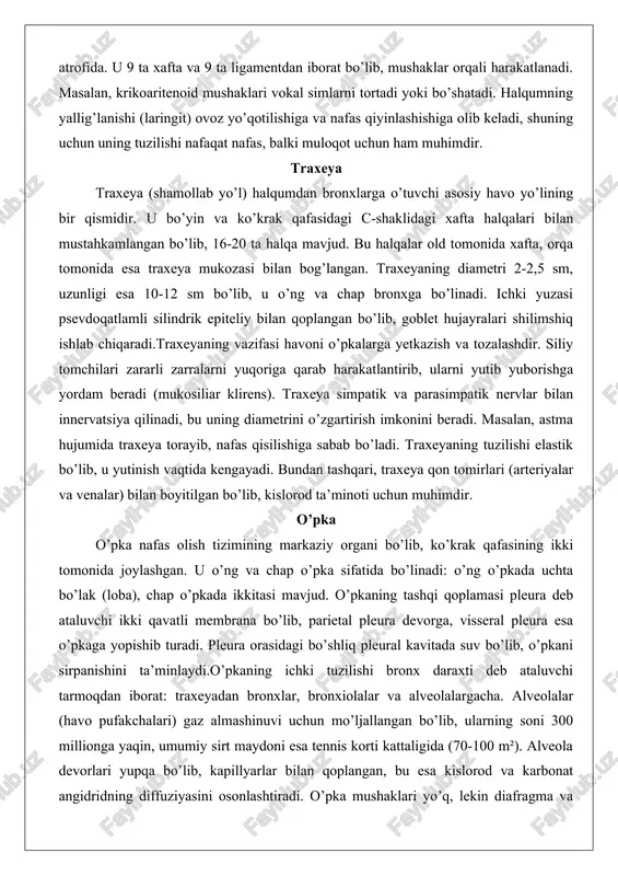 sabab bo’ladi. traxeyaning tuzilishi elastik bo’lib, u yutinish vaqtida kengayadi. bundan tashqari, traxeya qon tomirlari (arteriyalar va venalar) bilan boyitilgan bo’lib, kislorod ta’minoti uchun muhimdir. o’pka o’pka nafas olish tizimining markaziy organi bo’lib, ko’krak qafasining ikki tomonida joylashgan. u o’ng va chap o’pka sifatida bo’linadi: o’ng o’pkada uchta bo’lak (loba), chap o’pkada ikkitasi mavjud. o’pkaning tashqi qoplamasi pleura deb ataluvchi ikki qavatli membrana bo’lib, parietal pleura devorga, visseral pleura esa o’pkaga yopishib turadi. pleura orasidagi bo’shliq pleural kavitada suv bo’lib, o’pkani sirpanishini ta’minlaydi.o’pkaning ichki tuzilishi bronx daraxti deb ataluvchi tarmoqdan iborat: traxeyadan bronxlar, bronxiolalar va alveolalargacha. alveolalar (havo pufakchalari) gaz almashinuvi uchun mo’ljallangan bo’lib, ularning soni 300 millionga yaqin, umumiy sirt maydoni esa tennis korti kattaligida (70-100 m²). alveola devorlari yupqa bo’lib, kapillyarlar bilan qoplangan, bu esa kislorod va karbonat angidridning diffuziyasini osonlashtiradi. o’pka mushaklari yo’q, lekin diafragma va interkostal mushaklar orqali kengayadi yoki qisqaradi. o’pkaning og’irligi erkaklarda 1 kg, …