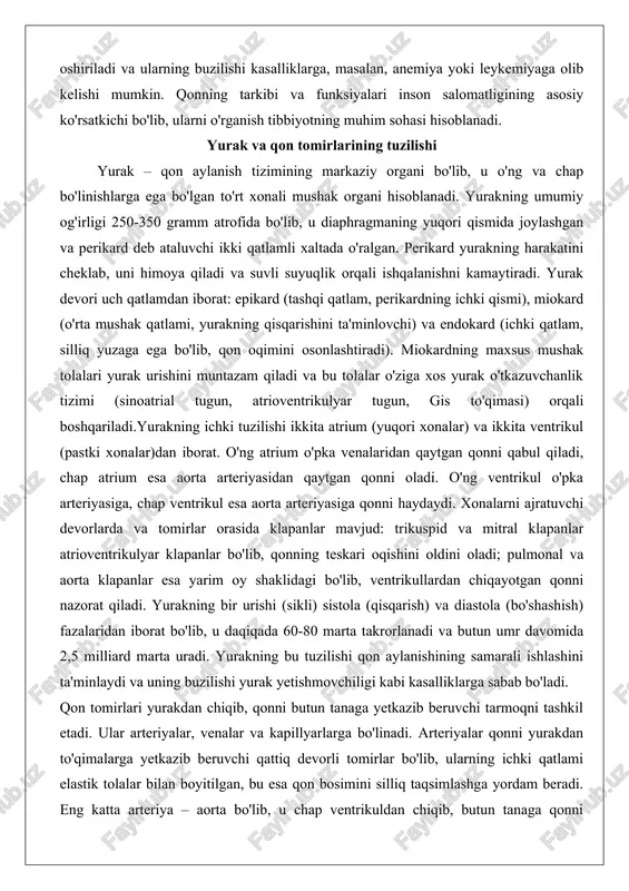vchanlik tizimi (sinoatrial tugun, atrioventrikulyar tugun, gis to'qimasi) orqali boshqariladi.yurakning ichki tuzilishi ikkita atrium (yuqori xonalar) va ikkita ventrikul (pastki xonalar)dan iborat. o'ng atrium o'pka venalaridan qaytgan qonni qabul qiladi, chap atrium esa aorta arteriyasidan qaytgan qonni oladi. o'ng ventrikul o'pka arteriyasiga, chap ventrikul esa aorta arteriyasiga qonni haydaydi. xonalarni ajratuvchi devorlarda va tomirlar orasida klapanlar mavjud: trikuspid va mitral klapanlar atrioventrikulyar klapanlar bo'lib, qonning teskari oqishini oldini oladi; pulmonal va aorta klapanlar esa yarim oy shaklidagi bo'lib, ventrikullardan chiqayotgan qonni nazorat qiladi. yurakning bir urishi (sikli) sistola (qisqarish) va diastola (bo'shashish) fazalaridan iborat bo'lib, u daqiqada 60-80 marta takrorlanadi va butun umr davomida 2,5 milliard marta uradi. yurakning bu tuzilishi qon aylanishining samarali ishlashini ta'minlaydi va uning buzilishi yurak yetishmovchiligi kabi kasalliklarga sabab bo'ladi. qon tomirlari yurakdan chiqib, qonni butun tanaga yetkazib beruvchi tarmoqni tashkil etadi. ular arteriyalar, venalar va kapillyarlarga bo'linadi. arteriyalar qonni yurakdan to'qimalarga yetkazib beruvchi qattiq …