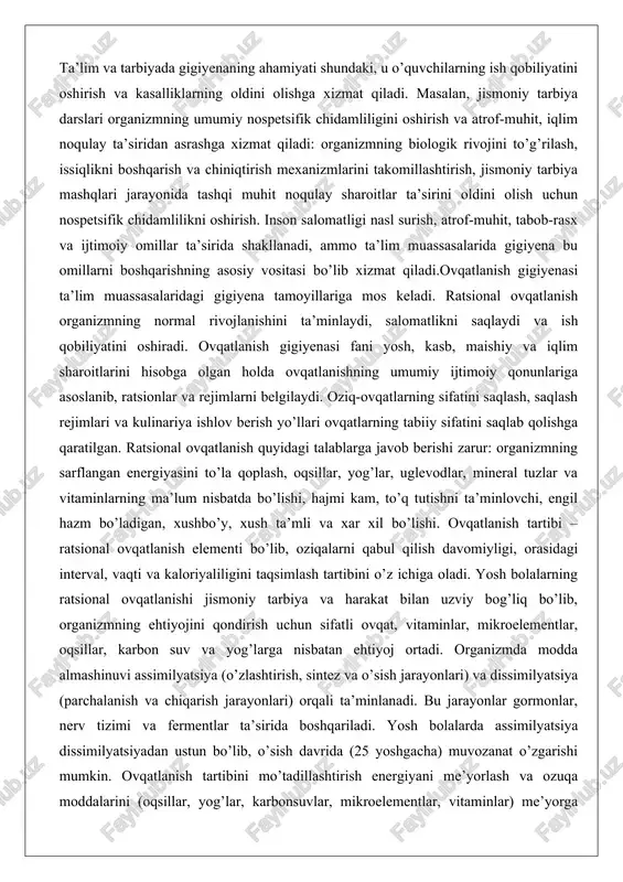 lariga asoslanib, ratsionlar va rejimlarni belgilaydi. oziq-ovqatlarning sifatini saqlash, saqlash rejimlari va kulinariya ishlov berish yo’llari ovqatlarning tabiiy sifatini saqlab qolishga qaratilgan. ratsional ovqatlanish quyidagi talablarga javob berishi zarur: organizmning sarflangan energiyasini to’la qoplash, oqsillar, yog’lar, uglevodlar, mineral tuzlar va vitaminlarning ma’lum nisbatda bo’lishi, hajmi kam, to’q tutishni ta’minlovchi, engil hazm bo’ladigan, xushbo’y, xush ta’mli va xar xil bo’lishi. ovqatlanish tartibi – ratsional ovqatlanish elementi bo’lib, oziqalarni qabul qilish davomiyligi, orasidagi interval, vaqti va kaloriyaliligini taqsimlash tartibini o’z ichiga oladi. yosh bolalarning ratsional ovqatlanishi jismoniy tarbiya va harakat bilan uzviy bog’liq bo’lib, organizmning ehtiyojini qondirish uchun sifatli ovqat, vitaminlar, mikroelementlar, oqsillar, karbon suv va yog’larga nisbatan ehtiyoj ortadi. organizmda modda almashinuvi assimilyatsiya (o’zlashtirish, sintez va o’sish jarayonlari) va dissimilyatsiya (parchalanish va chiqarish jarayonlari) orqali ta’minlanadi. bu jarayonlar gormonlar, nerv tizimi va fermentlar ta’sirida boshqariladi. yosh bolalarda assimilyatsiya dissimilyatsiyadan ustun bo’lib, o’sish davrida (25 yoshgacha) muvozanat o’zgarishi mumkin. ovqatlanish tartibini mo’tadillashtirish …