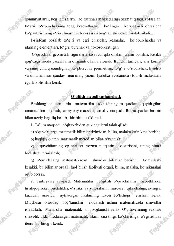 ituvchi quyidagilarni ta’minlashi kerak: a) o‘quvchi moddiy olamdagi bog‘lanishlarni, miqdorlarning o‘zgarishini, bir-biri bilan aloqasini anglay olishi; b) o‘quvchilarning matematikani o‘rganishga astoydil qiziqishini ta’minlash; d) mehnatga, vatanga insonlarga bo‘lgan munosabatini tarbiyalash, estetik did hosil qilish; g) o‘zbek millatining tarixi, jumladan, matematika o‘qitilishi tarixiga bo‘lgan dunyoqarashni tarbiyalash; d) o‘quvchilarning fikrlash qobiliyatini va matematik madaniyatini tarbiyalash; 3. amaliy maqsad. matematika o‘qitishdan kuzatilgan amaliy maqsad – o‘quvchilar olgan bilimlarni, amalda qo‘llay olishga o‘rgatishdan iborat. olingan bilimlarni sonlar va matematik ifodalar, nuqtalar ustida bajariladigan amallarga tatbiq qila bilish, har xil masalalarni yechishda foydalana bilishga o‘rgatish. bu bilimlarni kundalik hayotda uchraydigan masalalarni hal qilishga qo‘llay bilishga o‘rgatishdir. o‘qitish metodi tushunchasi didaktika va metodikaning asosiy tushunchalaridan biri. shunday qilib o‘qitish metodlari o‘zlashtirish, tarbiyalash va rivojlanish kabi uchta asosiy vazifani bajaradi. o‘qitish metodlaridan, ta’limning yangi mazmuniga, yangi vazifalariga mos keladiganlariga ongli tanlab olish uchun oldin hamma o‘qitish metodlarini tasniflashni o‘rganib chiqish zarur. 1. ilmiy-tadqiqot metodlari haqida ma’lumot. pedagogik …