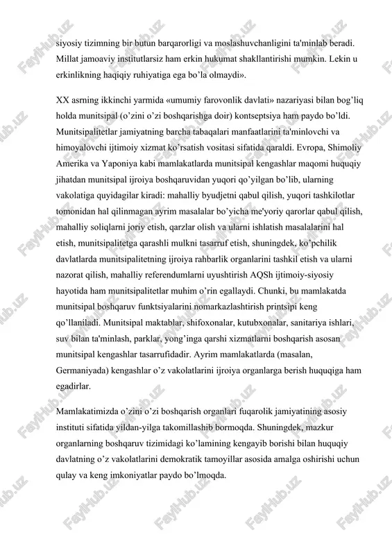 etlar jamiyatning barcha tabaqalari manfaatlarini ta'minlovchi va himoyalovchi ijtimoiy xizmat ko’rsatish vositasi sifatida qaraldi. evropa, shimoliy amerika va yaponiya kabi mamlakatlarda munitsipal kengashlar maqomi huquqiy jihatdan munitsipal ijroiya boshqaruvidan yuqori qo’yilgan bo’lib, ularning vakolatiga quyidagilar kiradi: mahalliy byudjetni qabul qilish, yuqori tashkilotlar tomonidan hal qilinmagan ayrim masalalar bo’yicha me'yoriy qarorlar qabul qilish, mahalliy soliqlarni joriy etish, qarzlar olish va ularni ishlatish masalalarini hal etish, munitsipalitetga qarashli mulkni tasarruf etish, shuningdek, ko’pchilik davlatlarda munitsipalitetning ijroiya rahbarlik organlarini tashkil etish va ularni nazorat qilish, mahalliy referendumlarni uyushtirish aqsh ijtimoiy-siyosiy hayotida ham munitsipalitetlar muhim o’rin egallaydi. chunki, bu mamlakatda munitsipal boshqaruv funktsiyalarini nomarkazlashtirish printsipi keng qo’llaniladi. munitsipal maktablar, shifoxonalar, kutubxonalar, sanitariya ishlari, suv bilan ta'minlash, parklar, yong’inga qarshi xizmatlarni boshqarish asosan munitsipal kengashlar tasarrufidadir. ayrim mamlakatlarda (masalan, germaniyada) kengashlar o’z vakolatlarini ijroiya organlarga berish huquqiga ham egadirlar. mamlakatimizda o’zini o’zi boshqarish organlari fuqarolik jamiyatining asosiy instituti sifatida yildan-yilga takomillashib bormoqda. shuningdek, mazkur organlarning …