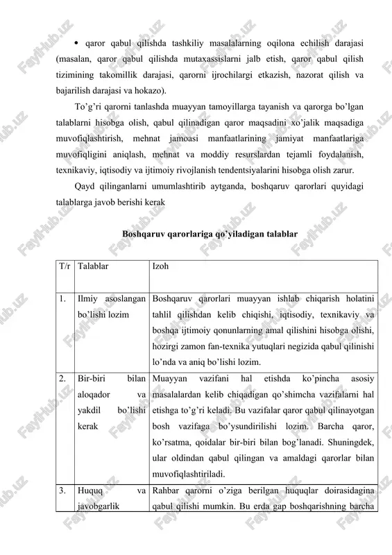 ikka, o’ylamasdan qaror qabul qilishga yo’l ochiladi. huquqlar ozu, mas'uliyat katta bo’lsa, bu ham hech qanday naf keltirmaydi. 4. aniq va to’g’ri yo’nalishga ega bo’lishi kerak har qanday qaror va aniq bajaruvchiga tushunarli bo’lishi lozim. qarordan bir necha ma'no kelib chiqishiga va uni turlicha talqin qilish yoki tushunishga yo’l qo’ymaslik kerak. 5. vaqt bo’yicha qisqa bo’lishi kerak axborotlar bilan ishlash vaqtini tejash maqsadida qisqa muddatli qarorlar qabul qilinishi lozim. 6. vaqt bo’yicha aniq bo’lishi lozim har qanday qarorning bajarilish muddati aniq ko’rsatilishi kerak. aks holda uning bajarilishini ob'ektiv nazorat qilish imkoniyatiga ega bo’linmaydi. 7. tezkor bo’lishi kerak har qanday qaror o’z vaqtida, ya'ni ishlab chiqarishdagi vaziyat talab qilgan vaqtning o’zida qabul qilinishi zarur. kechikib yoki shoshqaloqlik bilan qabul qilingan qarorning har ikkisi ham zararlidir. 8. samarali bo’lishi lozim qabul qilingan qarorning samaraliligi deganda qo’yilgan maqsadga eng kam harajat bilan erishish tushuniladi. ma'lumki, qaror qabul qilish zaruriyati mavjud, amaldagi holatning muammoni …