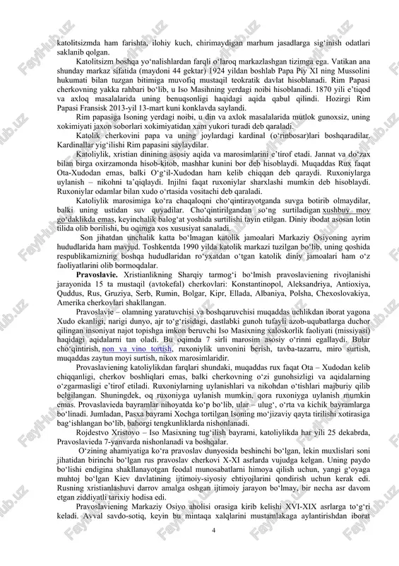 i yuvish", ya’ni isoning o‘zini ixtiyoriy tarzda qurbon qilishi" haqidagi ta’limot bilan mustahkamlangan. xristianlik muqaddas ruh - ota xudo, o‘g‘il xudo va muqaddas ruh - uch yuzli xudo to‘g‘risidagi ta’limoti, targ‘iboti, tashkilotchiligi, jannat va do‘zax, oxirat ya’ni dunyoning oxiri borligi, isoning qayta tirilishi haqidagi va boshqa aqidalarni o‘z ichiga oladi. ota xudo tabiat, odam va farishtalarni yaratgan, deb hisoblanadi. iso o‘g‘il xudo hisoblangan. xudoning gavdalanishi aqidasiga ko‘ra, iso xudoligicha qolgan holda mariya ismli qizdan tug‘ilgan. butga parchalangan xudo iso tortgan azoblari va o‘limi bilan o‘zini odamlarning gunohlari uchun ota xudoga qurbon qilgan va shu bilan gunohini yuvgan. ushbu aqidaga ko‘ra, iso odamzodga gunohlardan xalos bo‘lish yo‘lini ko‘rsatib bergan. isoning tirilishi aqidasi kelgusida hamma odamlar tirilishining garovi, deb e’lon qilingan. u tirilgandan so‘ng osmonga - ota xudo huzuriga chiqqanligi, ya’ni osmonga chiqib tushishi (islomda me’roj) aqidasi bu dunyodagi xayot oxiratdagi mangulikka nisbatan hech narsaga arzimaydi, deb uqtiradi. xristianlikda iymon kalimasi "yagona, …